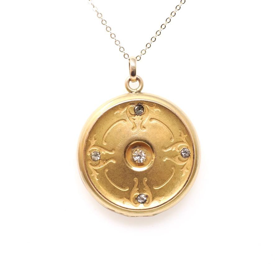 Antique Rhinestone Locket - Edwardian Gold Filled Round Compass Pendant Necklace - Circa 1900s Era "MEC" Initial Keepsake Statement Jewelry
