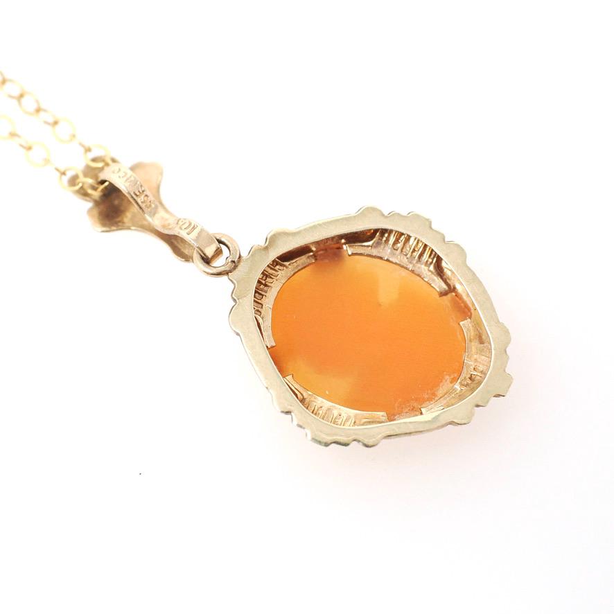 Vintage Cameo Necklace - Retro 10k Yellow Gold Oval Carved Shell Flower Pendant Charm - Circa 1940s Era Scroll Statement Fine Esemco Jewelry