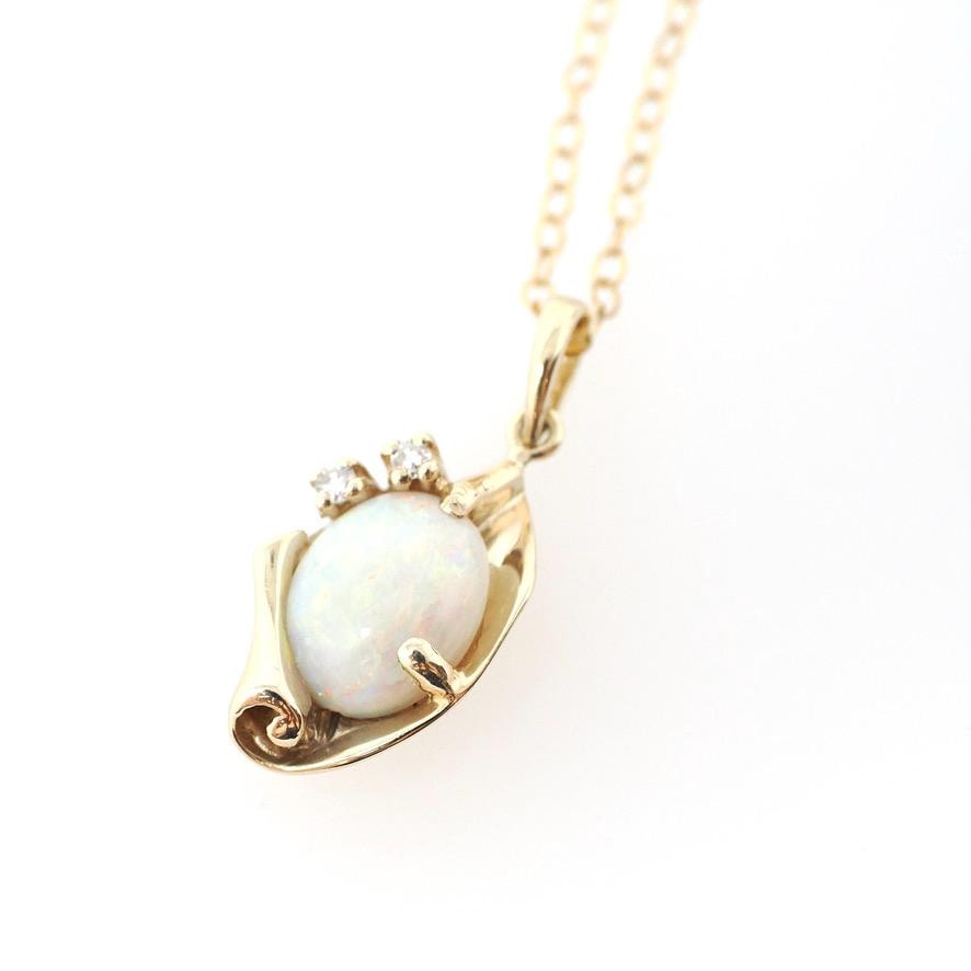 Opal & Diamond Necklace - Retro 14k Yellow Gold Cabochon Gemstone Paper Scroll Pendant - Vintage Circa 1970s October Birthstone Fine Jewelry