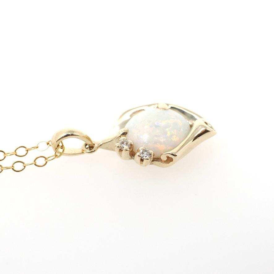 Opal & Diamond Necklace - Retro 14k Yellow Gold Cabochon Gemstone Paper Scroll Pendant - Vintage Circa 1970s October Birthstone Fine Jewelry