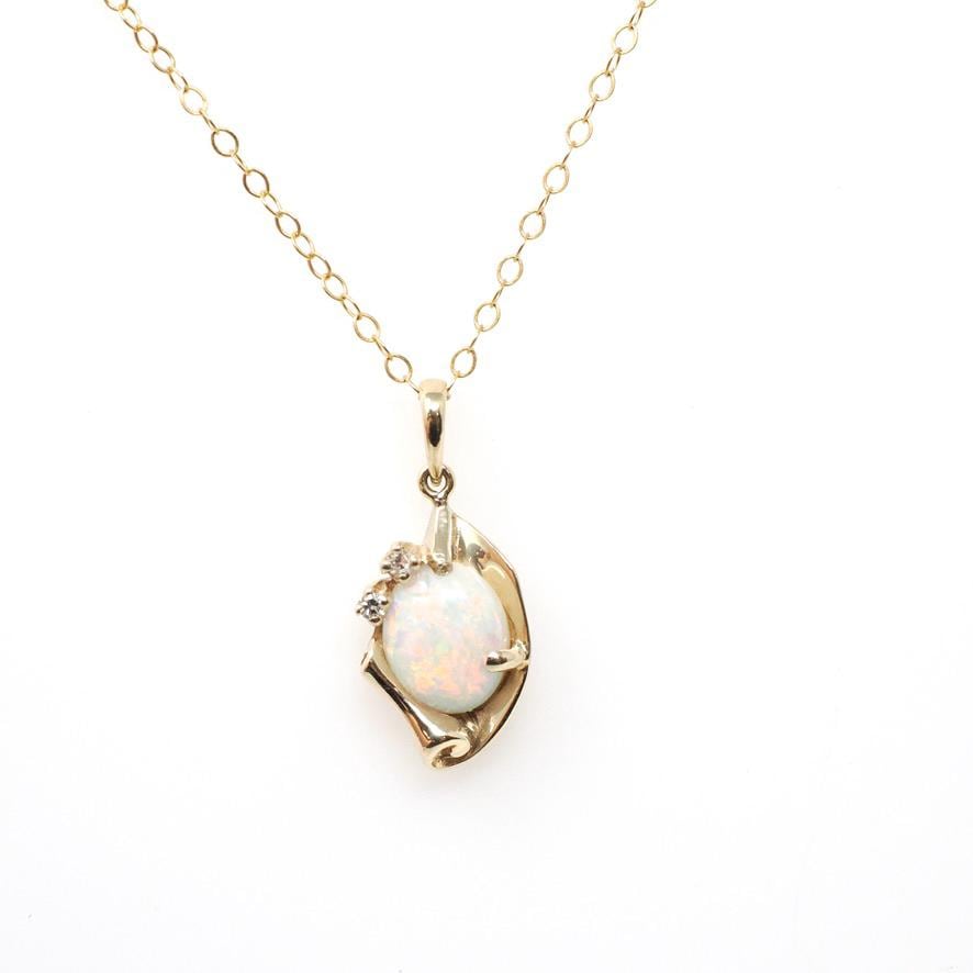 Opal & Diamond Necklace - Retro 14k Yellow Gold Cabochon Gemstone Paper Scroll Pendant - Vintage Circa 1970s October Birthstone Fine Jewelry