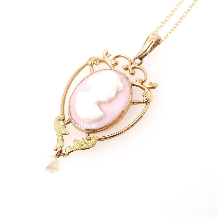 Antique Cameo Necklace - Edwardian 10k Yellow Gold Carved Angel Skin Coral Pendant - Vintage Circa 1910s Era Baroque Pearl Fine Jewelry