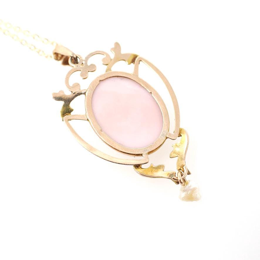 Antique Cameo Necklace - Edwardian 10k Yellow Gold Carved Angel Skin Coral Pendant - Vintage Circa 1910s Era Baroque Pearl Fine Jewelry