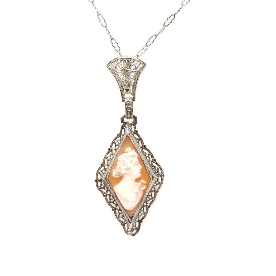 Vintage Cameo Necklace - Art Deco 14k White Gold Carved Shell Kite Pendant - Circa 1930s Era Filigree Flower Paper Clip Chain Fine Jewelry
