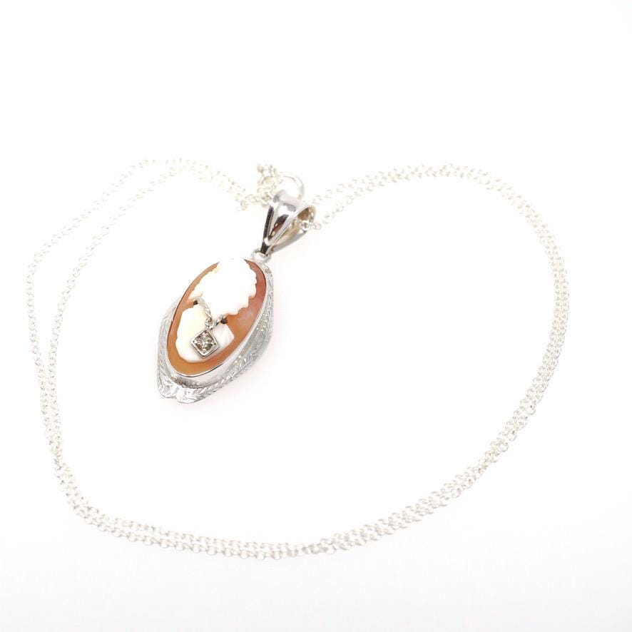Vintage Cameo Necklace - Art Deco 14k White Gold Carved Shell Pendant Charm - Circa 1930s Habillé Style Diamond Wheat Design Fine Jewelry