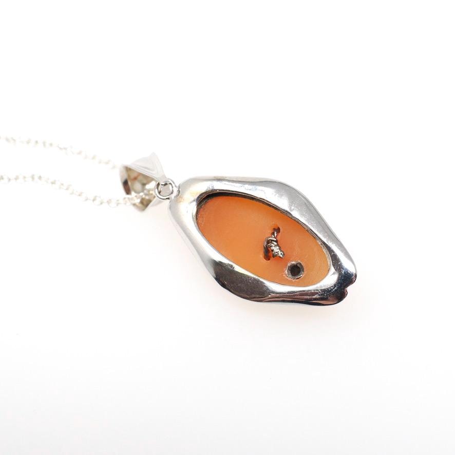 Vintage Cameo Necklace - Art Deco 14k White Gold Carved Shell Pendant Charm - Circa 1930s Habillé Style Diamond Wheat Design Fine Jewelry