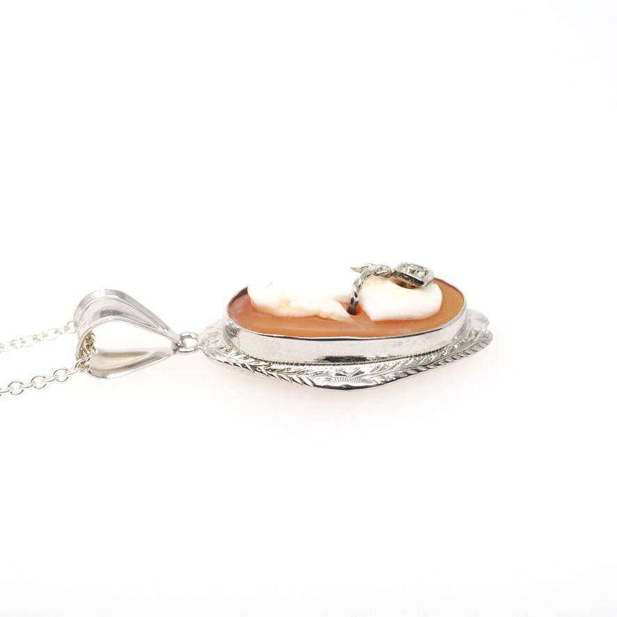 Vintage Cameo Necklace - Art Deco 14k White Gold Carved Shell Pendant Charm - Circa 1930s Habillé Style Diamond Wheat Design Fine Jewelry