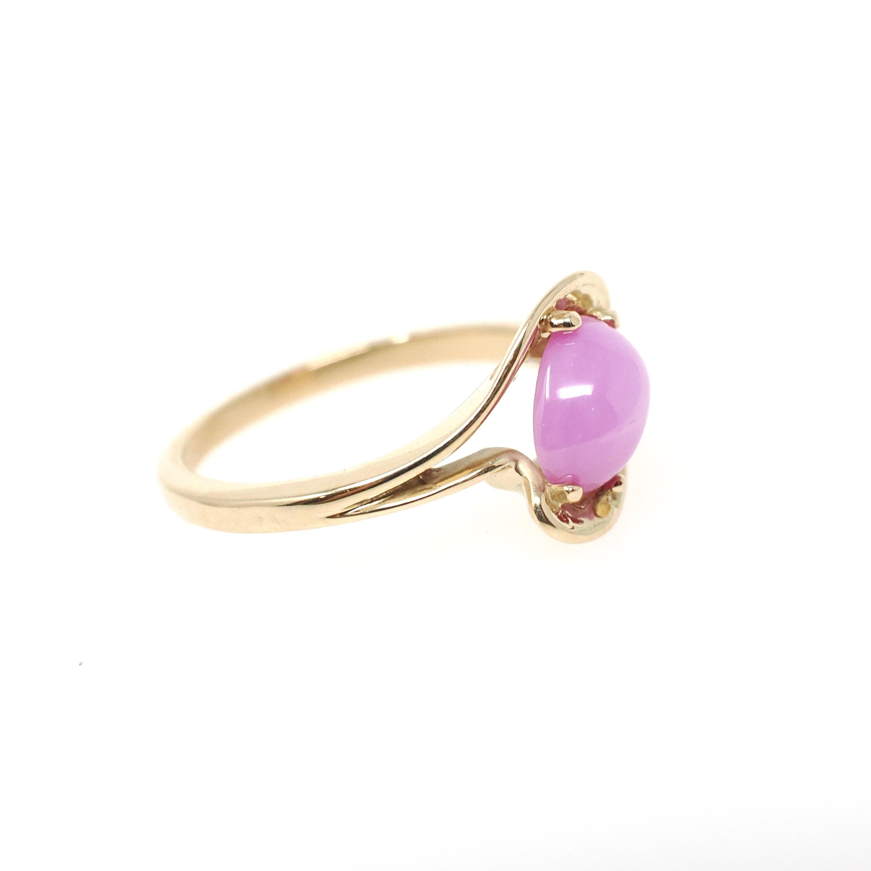 Created Pink Star Sapphire Ring - Retro 14k Yellow Gold Cabochon Gemstone - Vintage Circa 1970s Era Size 6 1/4 Bypass Fine Statement Jewelry