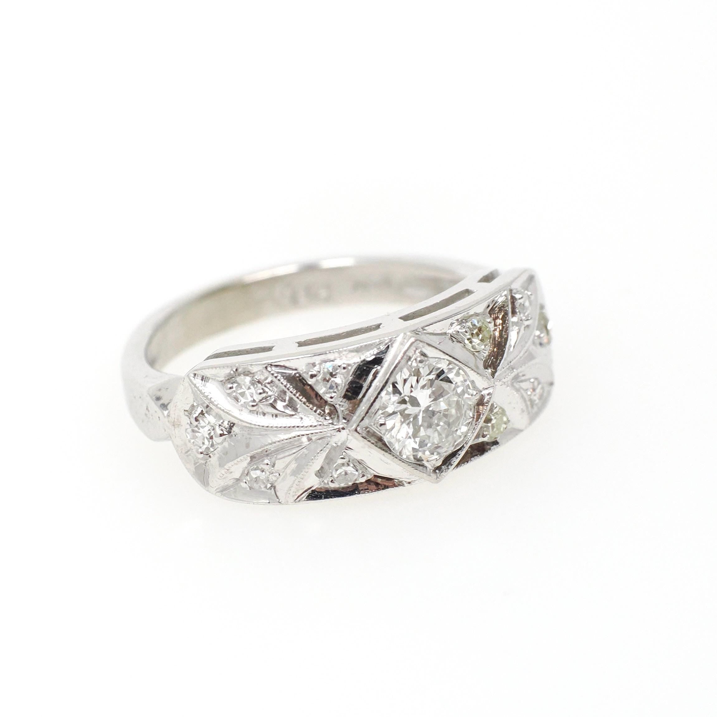 Diamond Engagement Ring - Vintage 14k White Gold .60 CTW Transitional Round Brilliant Cut - Circa 1940s Era Size 6 3/4 Fine Bridal Jewelry