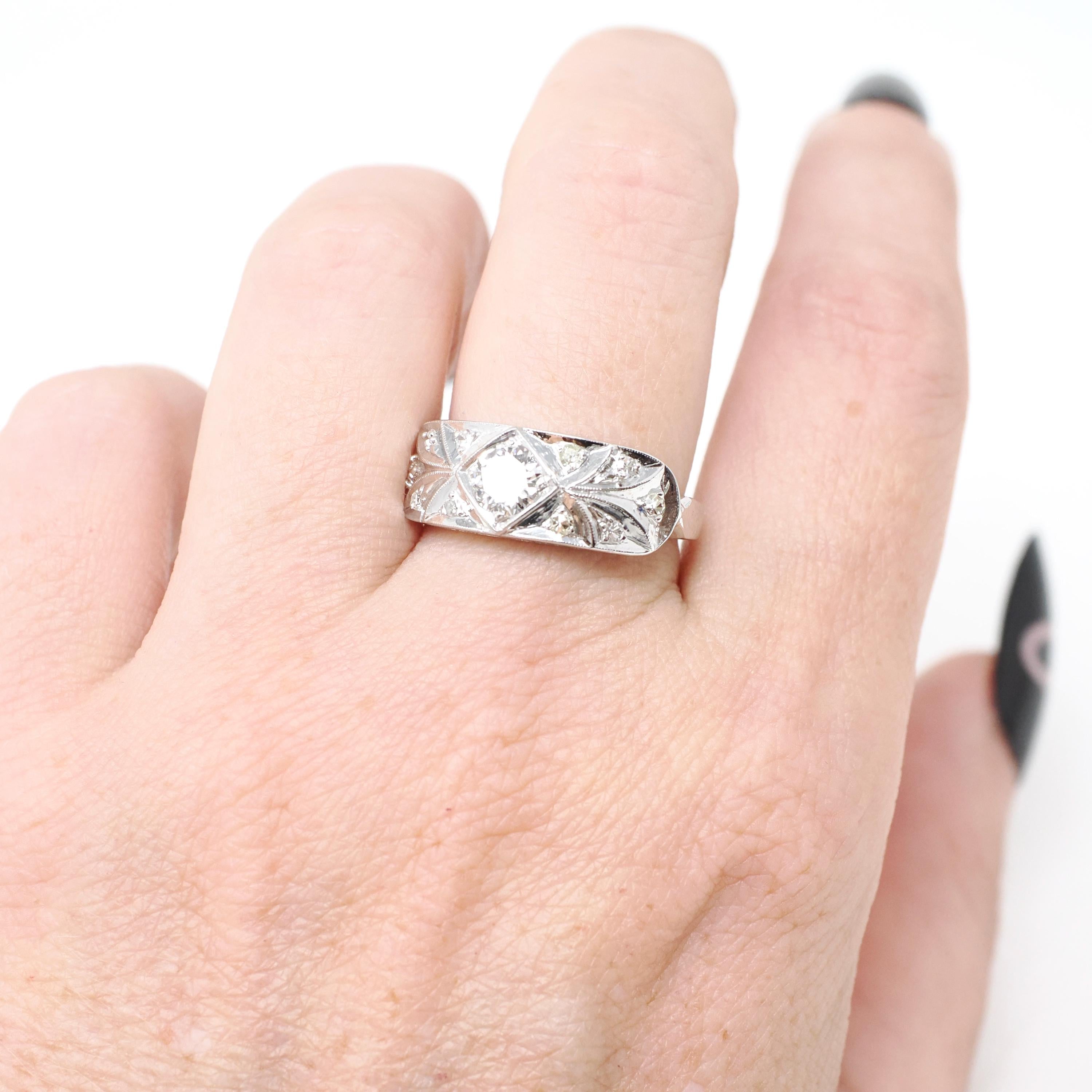 Diamond Engagement Ring - Vintage 14k White Gold .60 CTW Transitional Round Brilliant Cut - Circa 1940s Era Size 6 3/4 Fine Bridal Jewelry