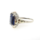 Art Deco Ring - Vintage 14k White Yellow Rose Gold Created Blue Sapphire Solitaire - Circa 1930s Era Size 7 1/2 Floral Filigree Fine Jewelry
