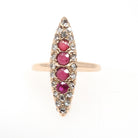 Antique Navette Ring - Edwardian 10k Rose Gold Garnet Glass Doublet Natural Rose Diamonds - Vintage Early 1900s Era Size 4 1/4 Fine Jewelry