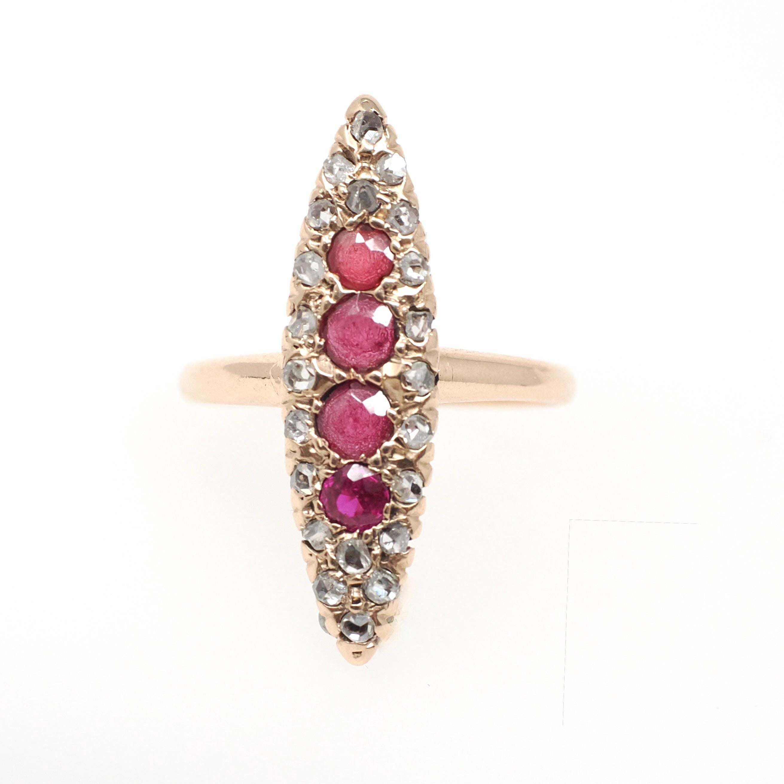 Antique Navette Ring - Edwardian 10k Rose Gold Garnet Glass Doublet Natural Rose Diamonds - Vintage Early 1900s Era Size 4 1/4 Fine Jewelry