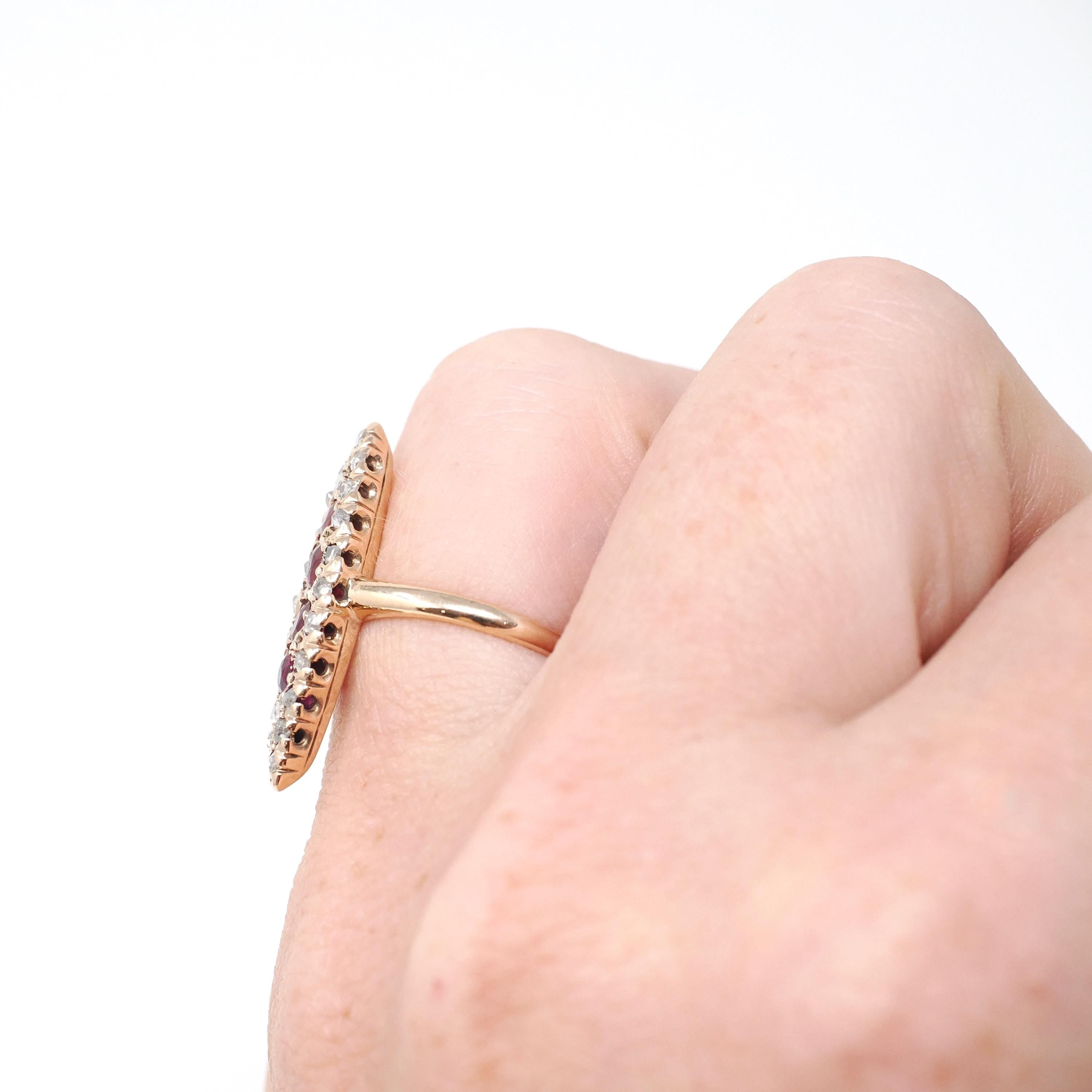 Antique Navette Ring - Edwardian 10k Rose Gold Garnet Glass Doublet Natural Rose Diamonds - Vintage Early 1900s Era Size 4 1/4 Fine Jewelry
