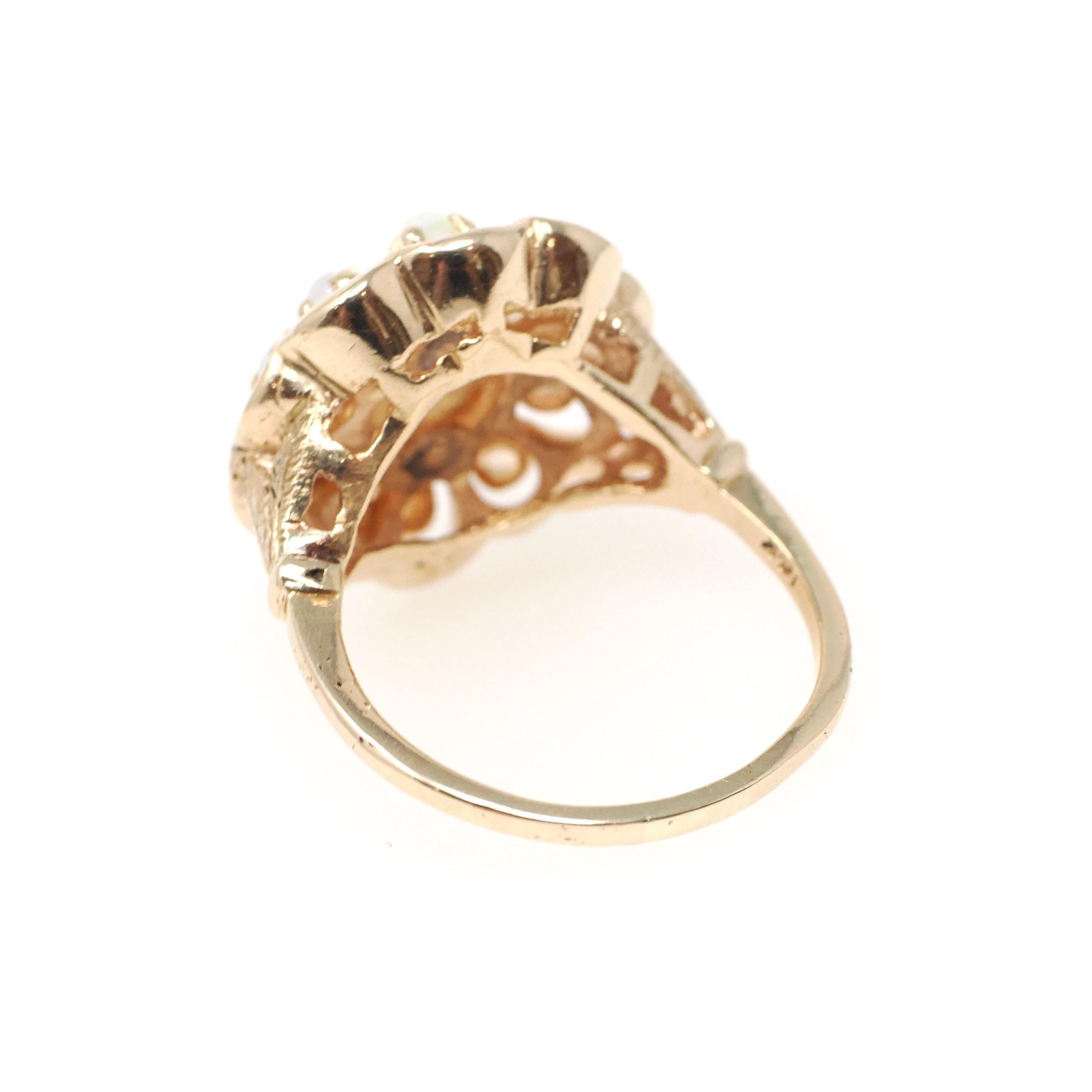 Vintage Opal Cluster Ring - Modernist 14k Yellow Gold Natural Cabochon Cut Gemstone - Circa 1970s Size 7 1/4 Halo Flower Floral Fine Jewelry