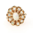 Vintage Opal Cluster Ring - Modernist 14k Yellow Gold Natural Cabochon Cut Gemstone - Circa 1970s Size 7 1/4 Halo Flower Floral Fine Jewelry
