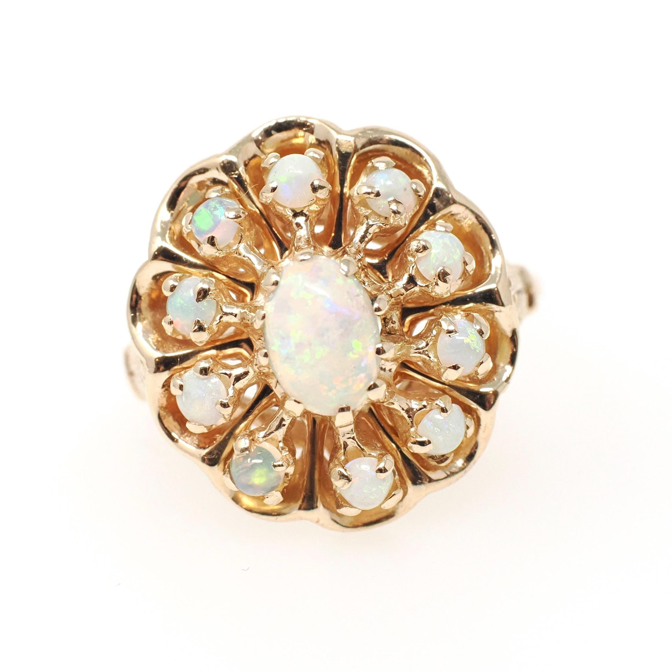 Vintage Opal Cluster Ring - Modernist 14k Yellow Gold Natural Cabochon Cut Gemstone - Circa 1970s Size 7 1/4 Halo Flower Floral Fine Jewelry
