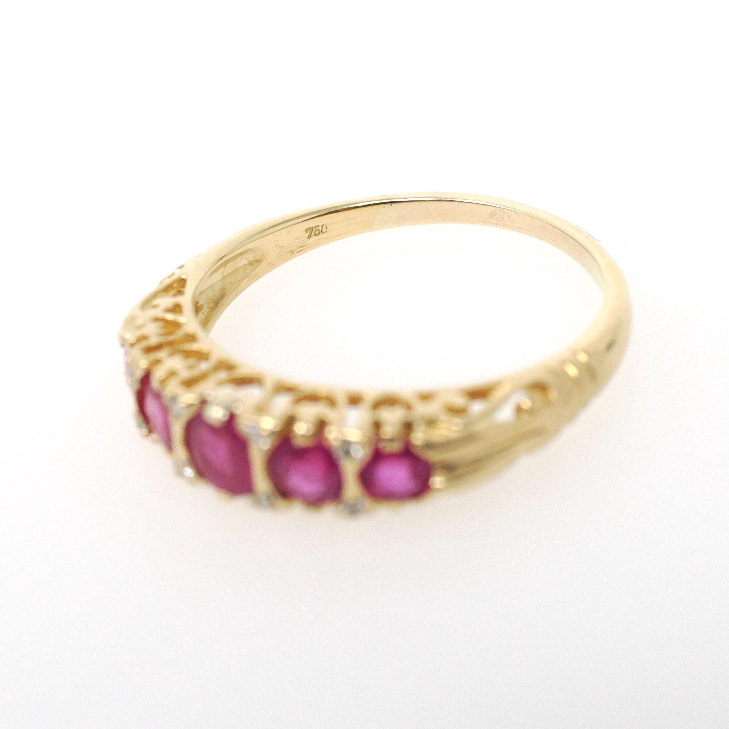 Ruby & Diamond Ring - Modern 18k Yellow Gold Natural Gemstone Wedding Band - Edwardian Style Reproduction Circa 2000s Size 8 Fine Jewelry