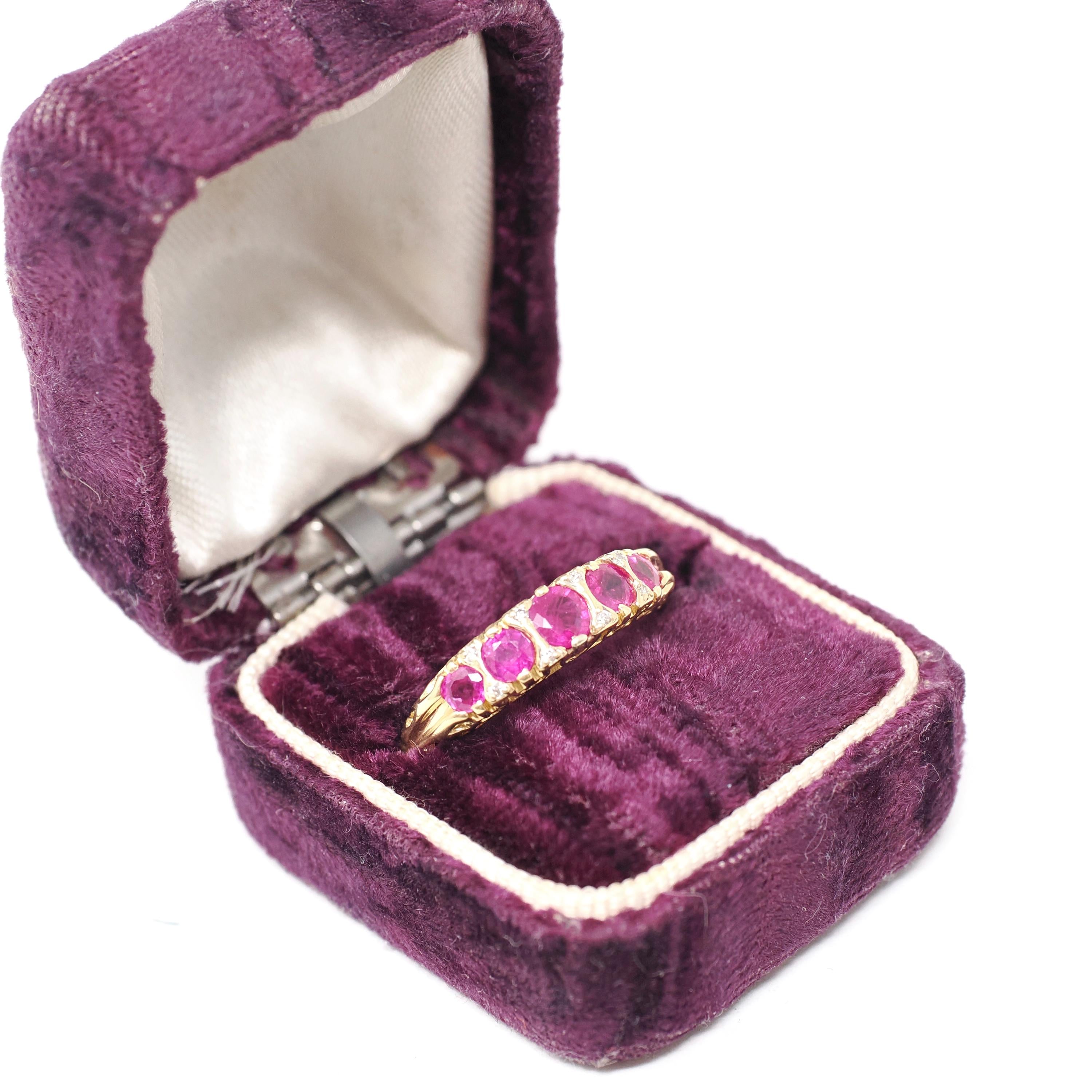 Ruby & Diamond Ring - Modern 18k Yellow Gold Natural Gemstone Wedding Band - Edwardian Style Reproduction Circa 2000s Size 8 Fine Jewelry