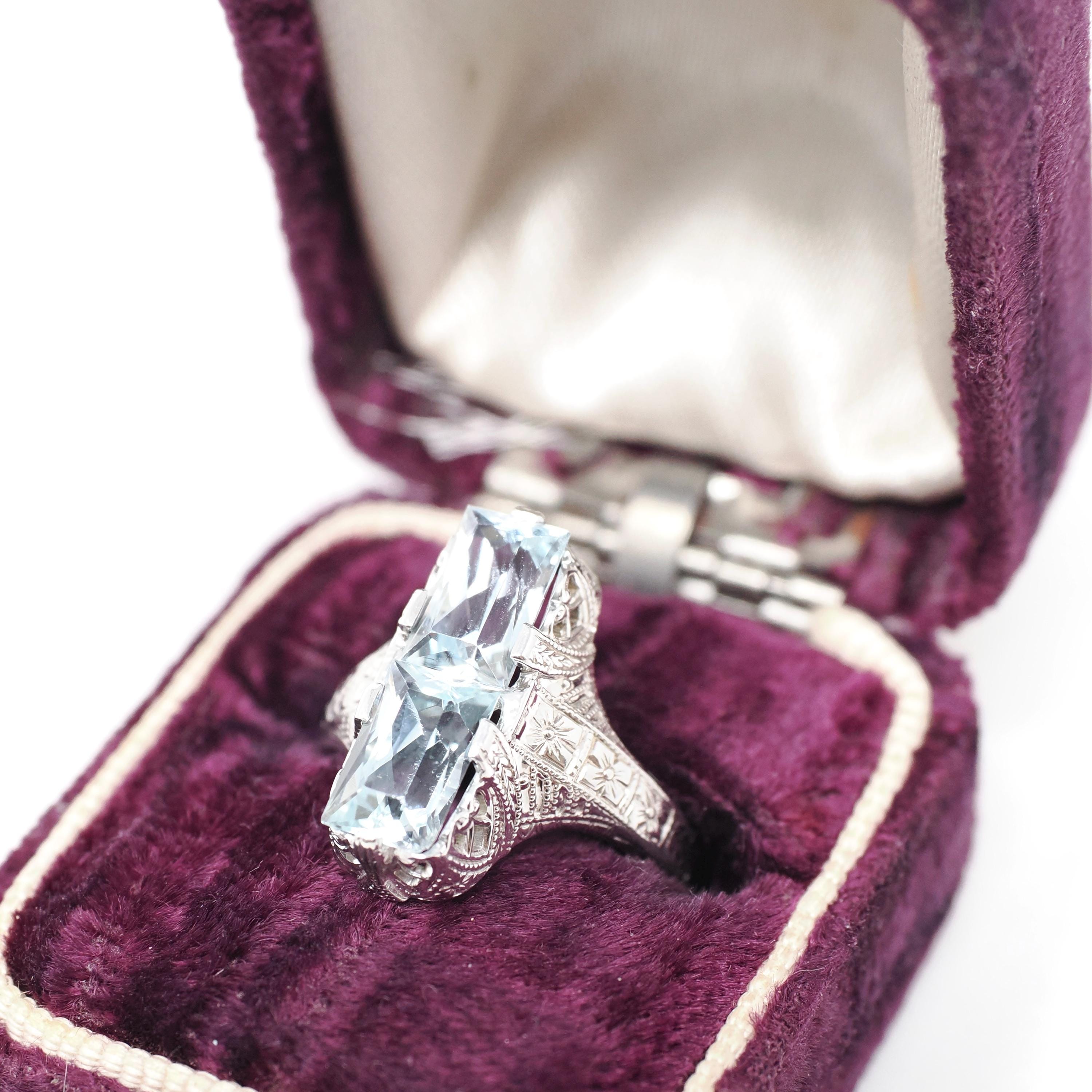 Vintage Aquamarine Ring - Art Deco 14k White Gold Natural Blue Toi Et Moi Gemstones - Circa 1930s Size 4 3/4 Floral Filigree Fine Jewelry