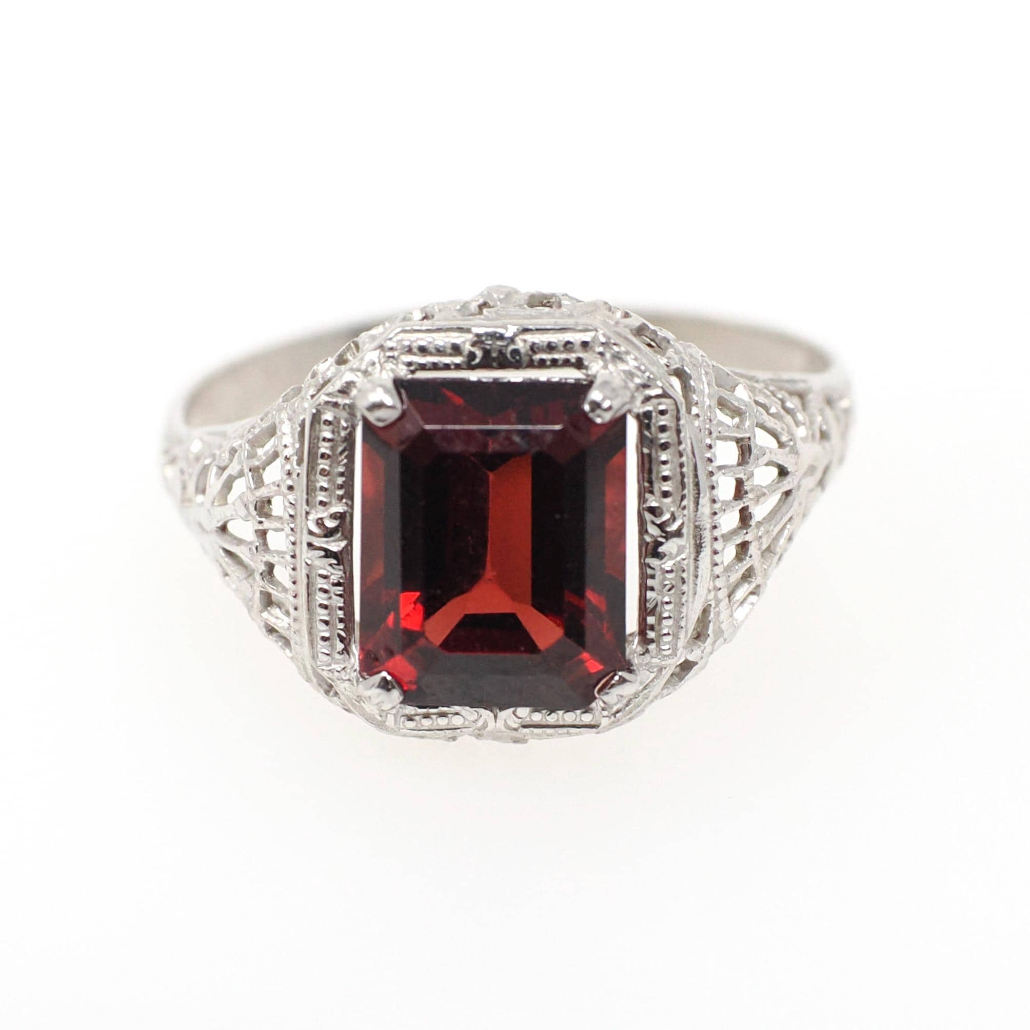Vintage Garnet Ring - Art Deco 14k White Gold Natural Dark Red Emerald Cut Gem - Circa 1930s Size 5 January Birthstone Filigree Fine Jewelry