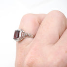 Vintage Garnet Ring - Art Deco 14k White Gold Natural Dark Red Emerald Cut Gem - Circa 1930s Size 5 January Birthstone Filigree Fine Jewelry