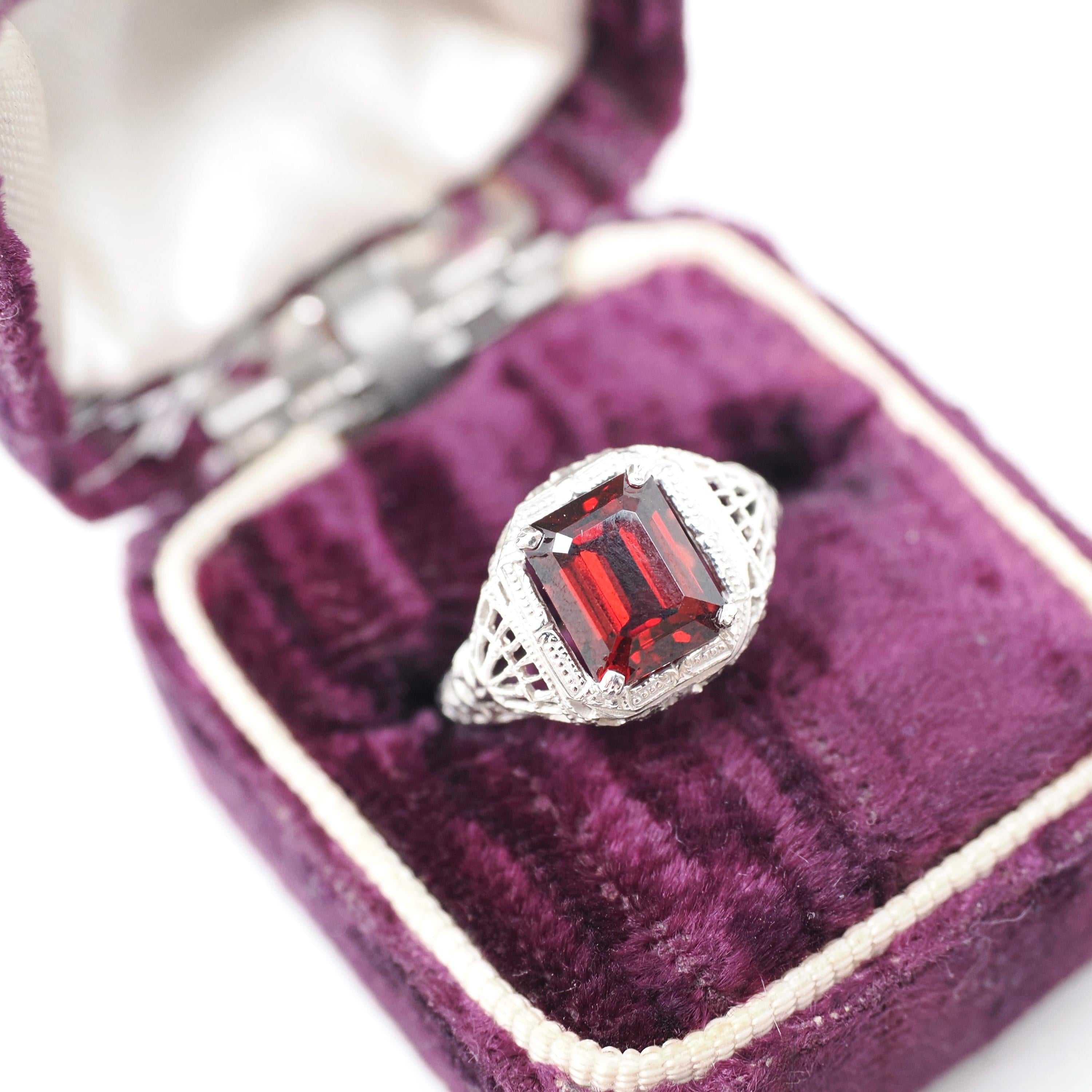 Vintage Garnet Ring - Art Deco 14k White Gold Natural Dark Red Emerald Cut Gem - Circa 1930s Size 5 January Birthstone Filigree Fine Jewelry