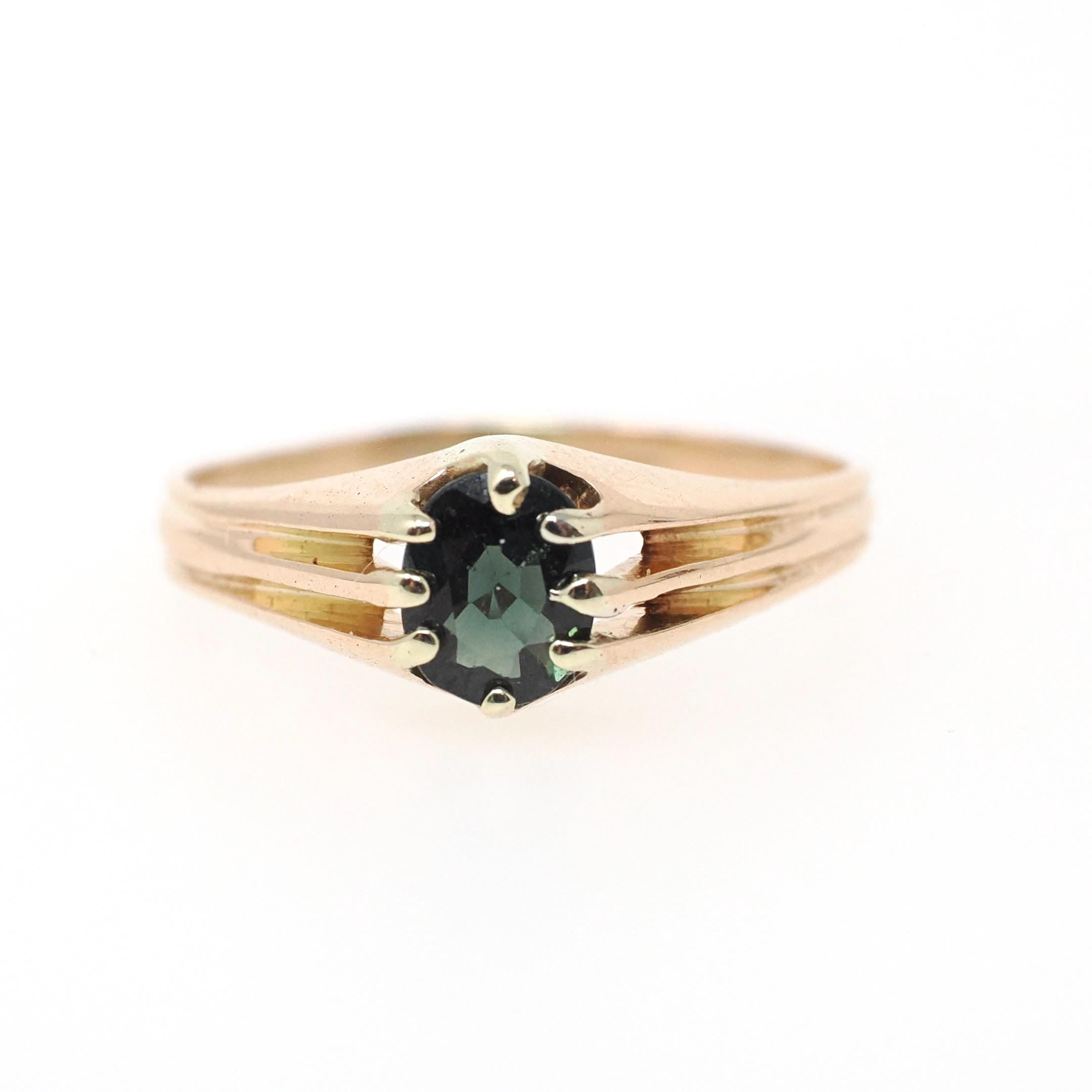 Vintage Sapphire Ring - Mid Century 18k Yellow Gold Natural Dark Green Gemstone Solitaire - Circa 1950s Era Size 5.5 Engagement Fine Jewelry