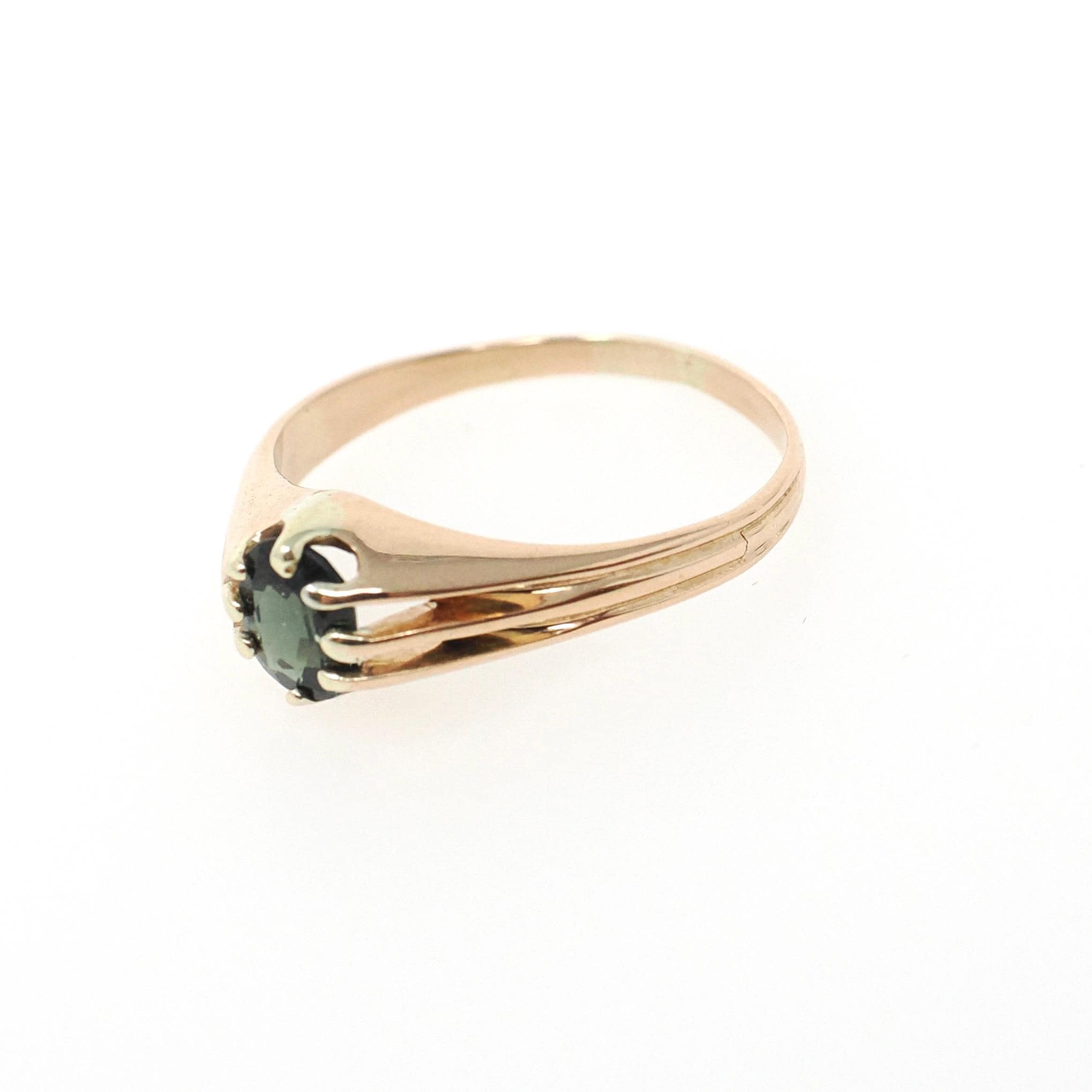 Vintage Sapphire Ring - Mid Century 18k Yellow Gold Natural Dark Green Gemstone Solitaire - Circa 1950s Era Size 5.5 Engagement Fine Jewelry