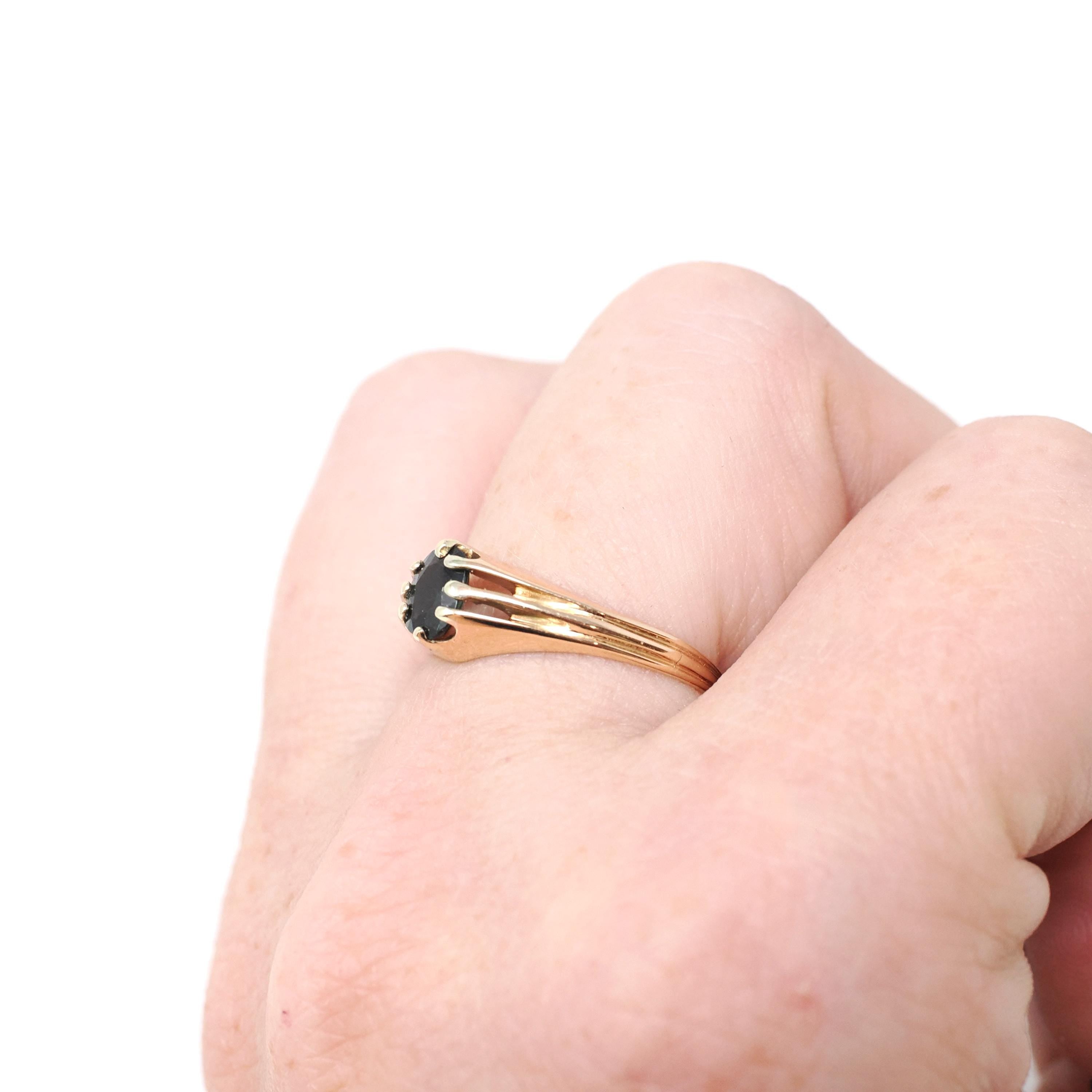 Vintage Sapphire Ring - Mid Century 18k Yellow Gold Natural Dark Green Gemstone Solitaire - Circa 1950s Era Size 5.5 Engagement Fine Jewelry
