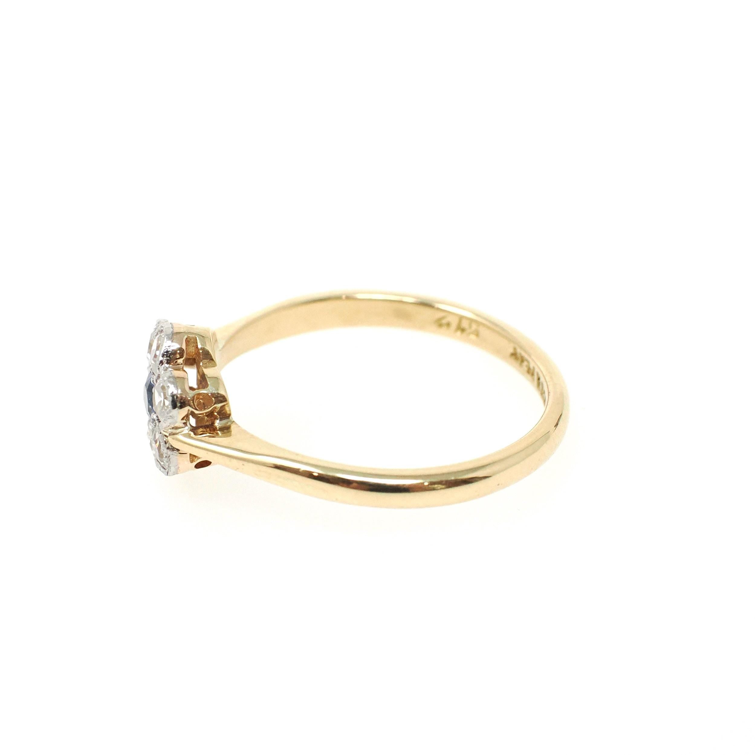 Antique Flower Ring - Edwardian 18k Yellow Gold & Platinum Blue Sapphire Gemstone .39 CTW Diamonds - Circa 1910s Size 7.5 Halo Fine Jewelry