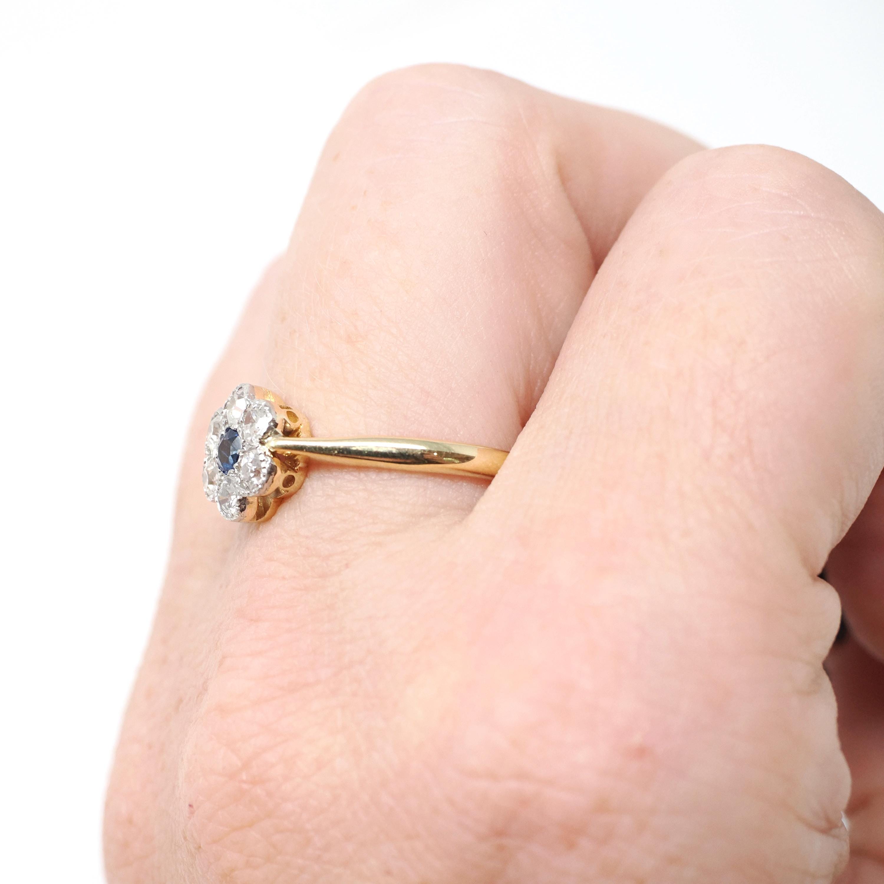 Antique Flower Ring - Edwardian 18k Yellow Gold & Platinum Blue Sapphire Gemstone .39 CTW Diamonds - Circa 1910s Size 7.5 Halo Fine Jewelry