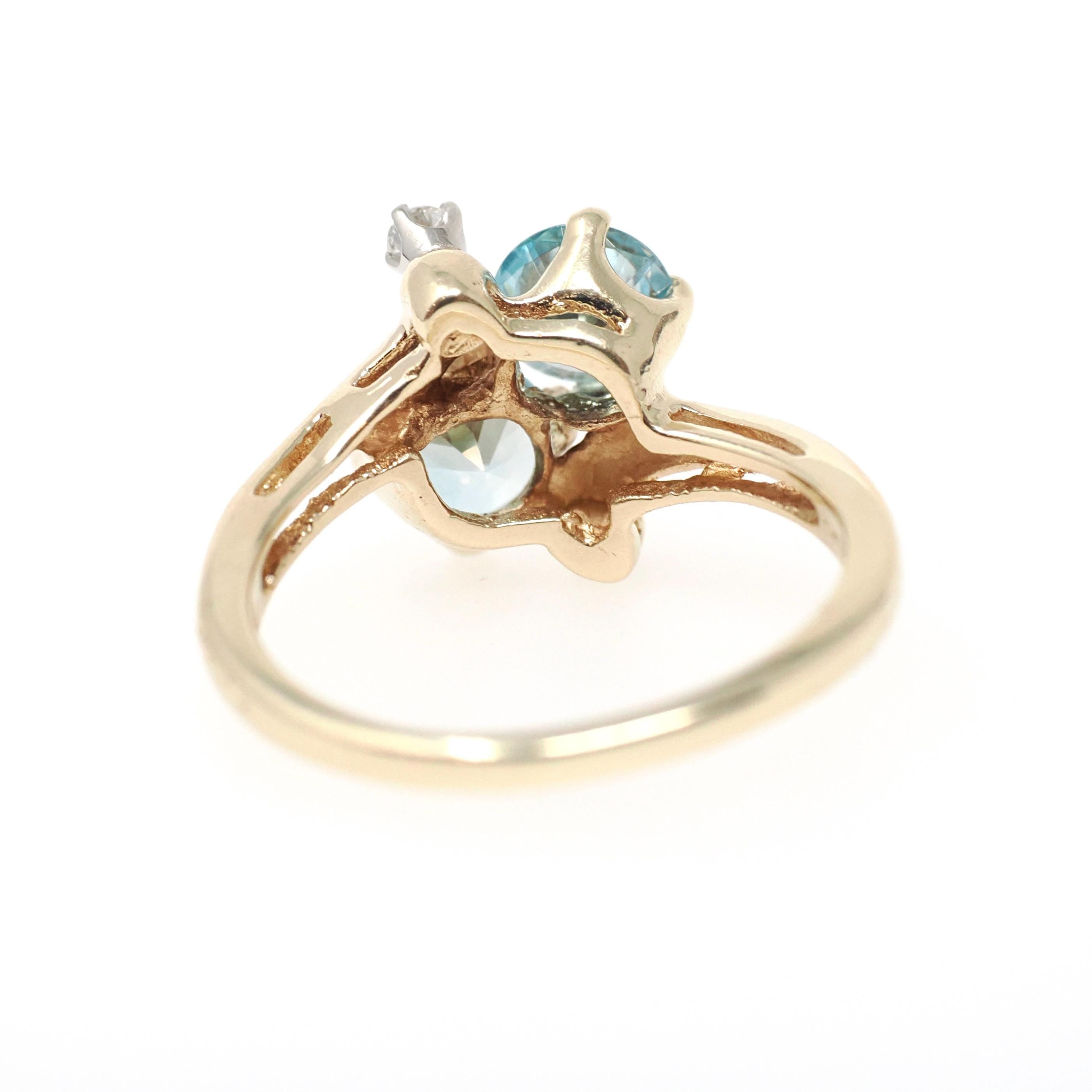 Vintage Toi et Moi Ring - Retro 14k Yellow Gold Natural Blue Zircon Diamonds Gemstones Bypass - Circa 1940s Size 5 1/2 December Fine Jewelry