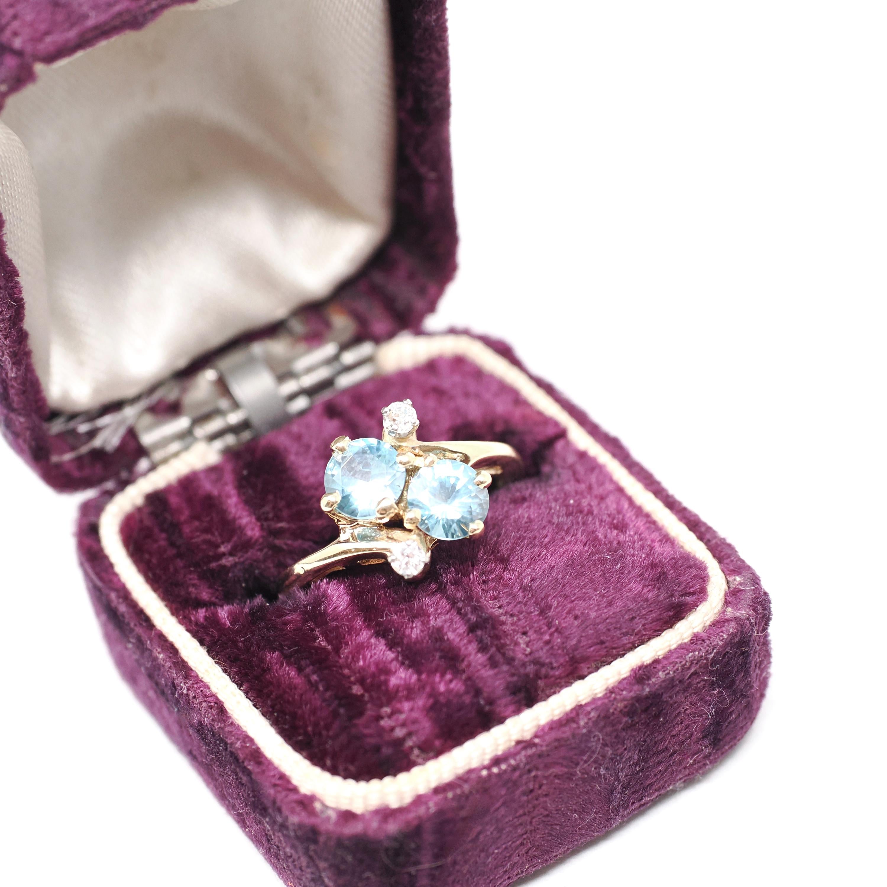 Vintage Toi et Moi Ring - Retro 14k Yellow Gold Natural Blue Zircon Diamonds Gemstones Bypass - Circa 1940s Size 5 1/2 December Fine Jewelry