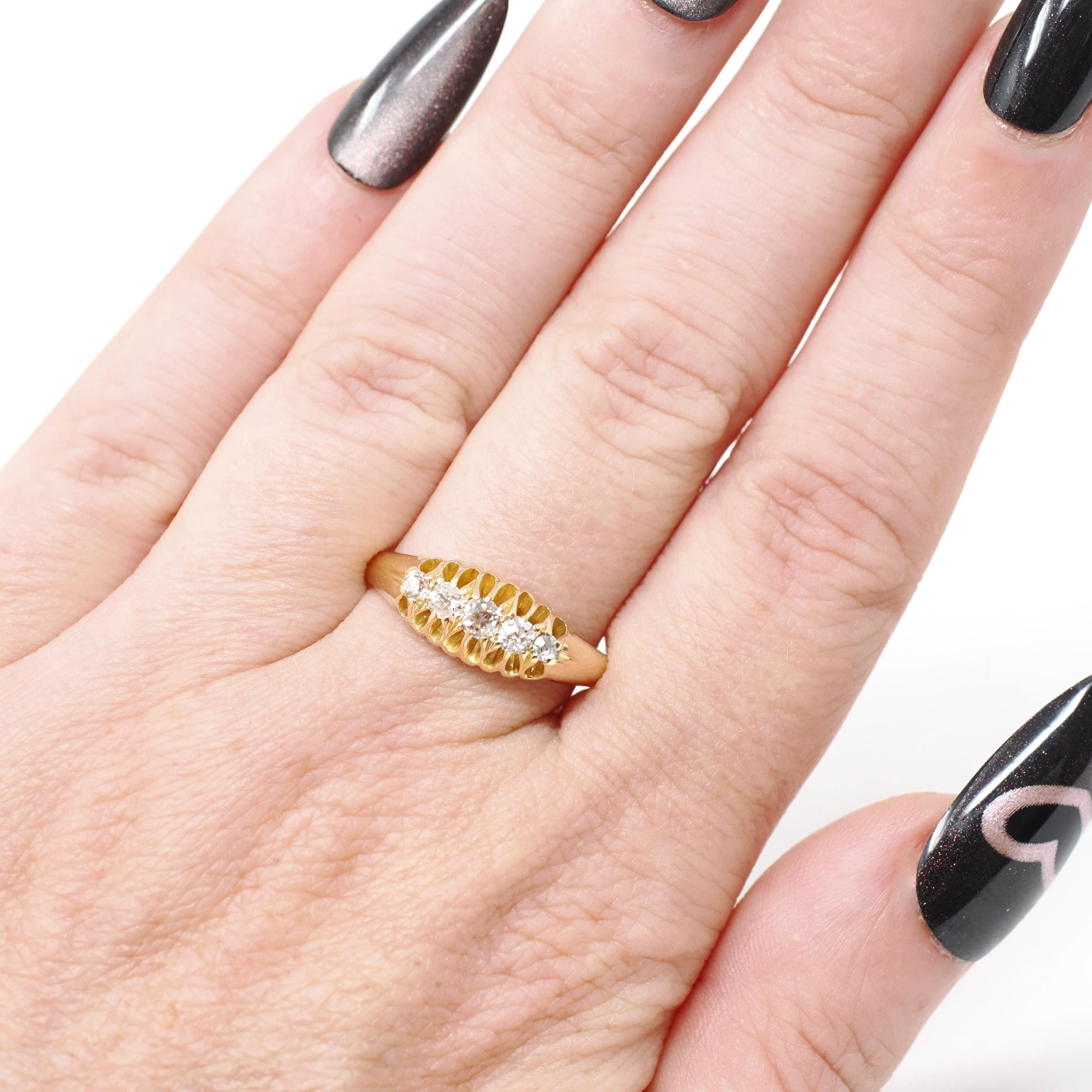 Antique Diamond Ring - Edwardian 18k Yellow Gold .33 CTW Natural Gem Wedding Band - Hallmarked 1909 Size 7.75 Fine Birmingham Bridal Jewelry