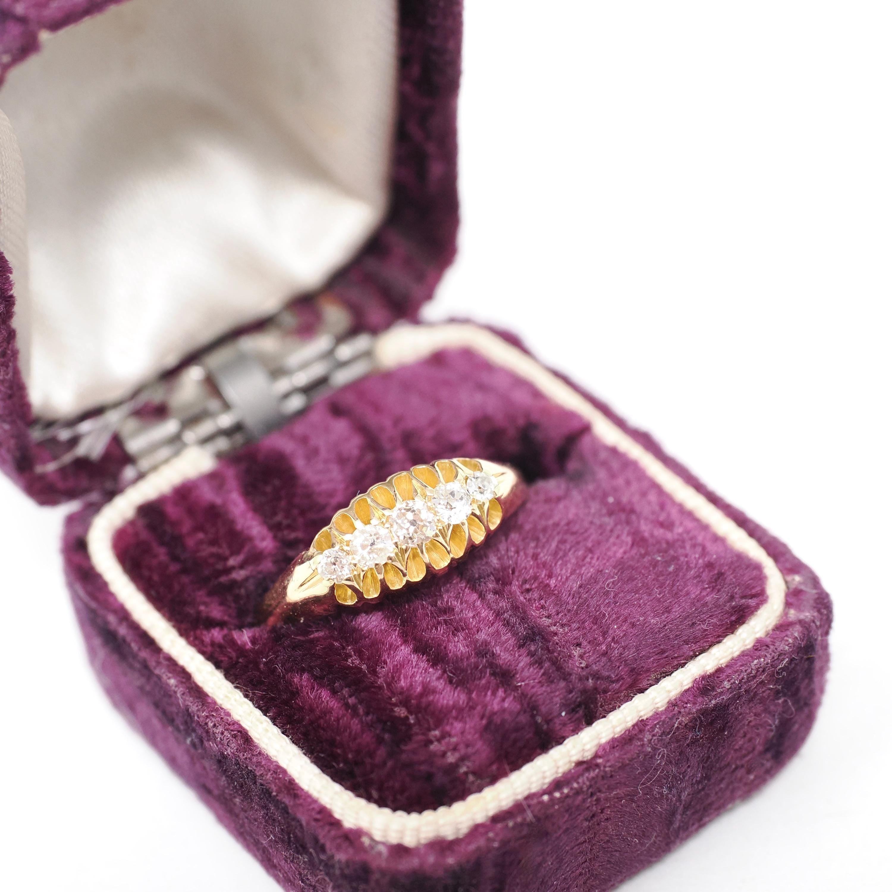 Antique Diamond Ring - Edwardian 18k Yellow Gold .33 CTW Natural Gem Wedding Band - Hallmarked 1909 Size 7.75 Fine Birmingham Bridal Jewelry