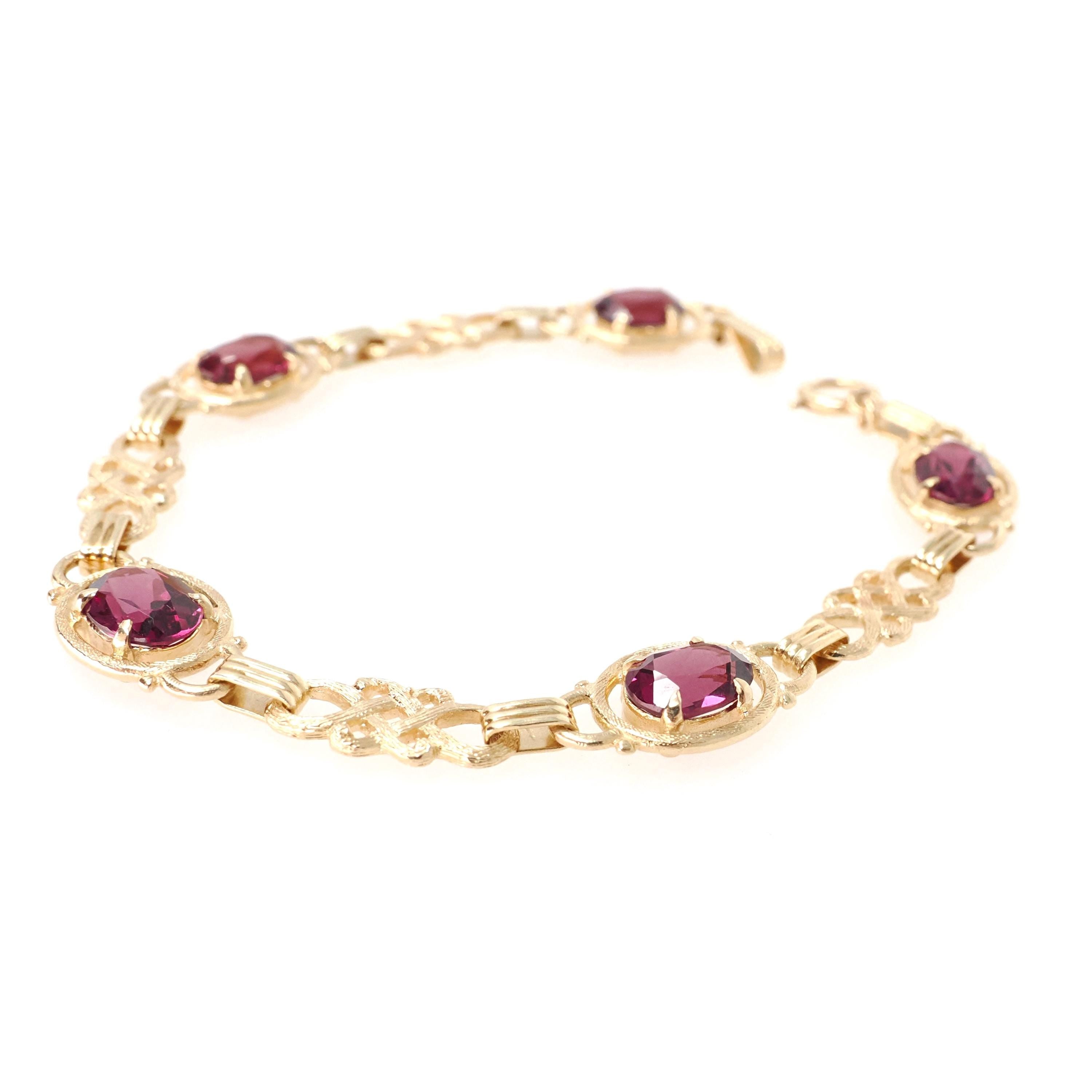 Rhodolite Garnet Bracelet - Modern Estate 14k Yellow Gold Purple Red Oval Faceted Natural Gemstones - Circa 2000s Era Love Knot Fine Jewelry