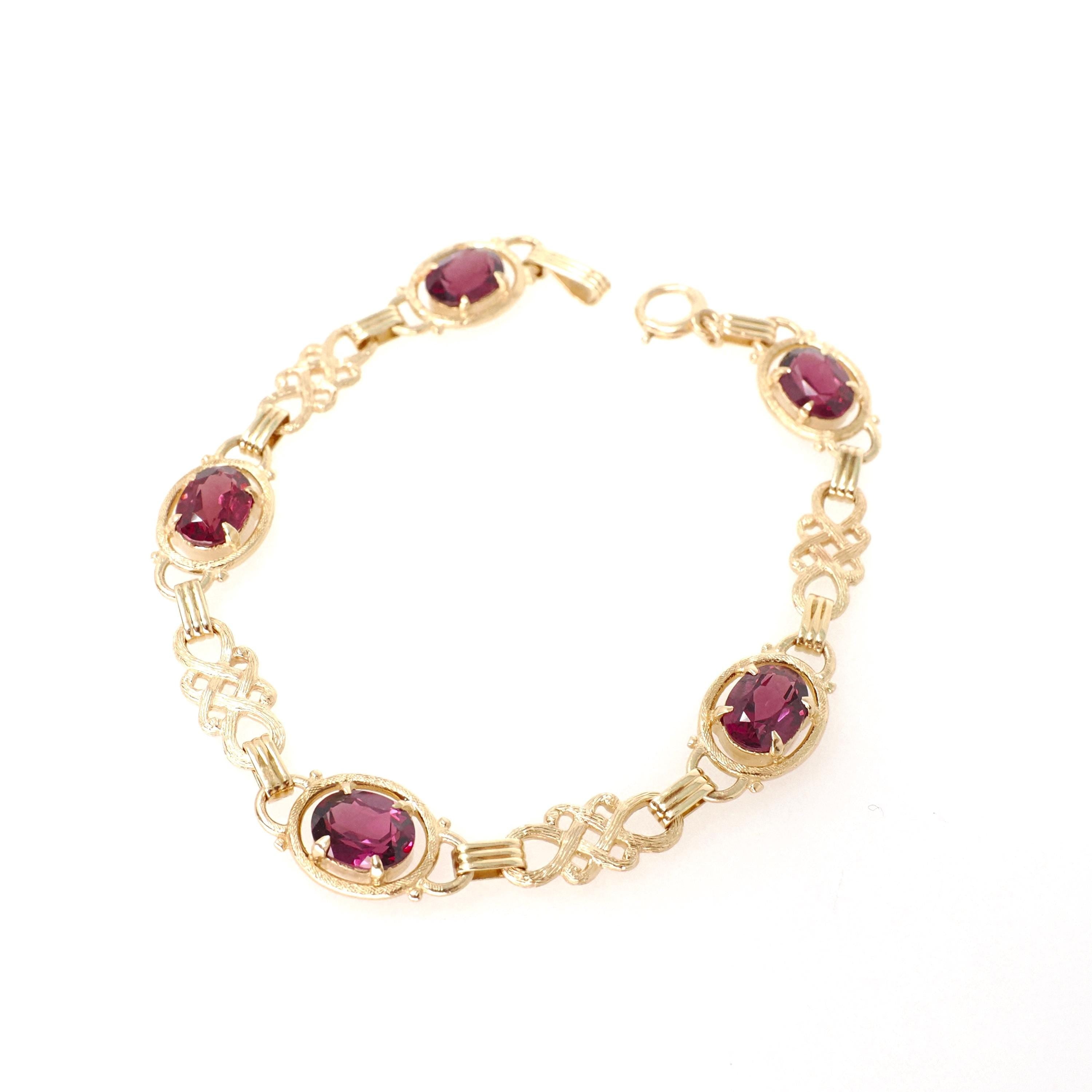 Rhodolite Garnet Bracelet - Modern Estate 14k Yellow Gold Purple Red Oval Faceted Natural Gemstones - Circa 2000s Era Love Knot Fine Jewelry