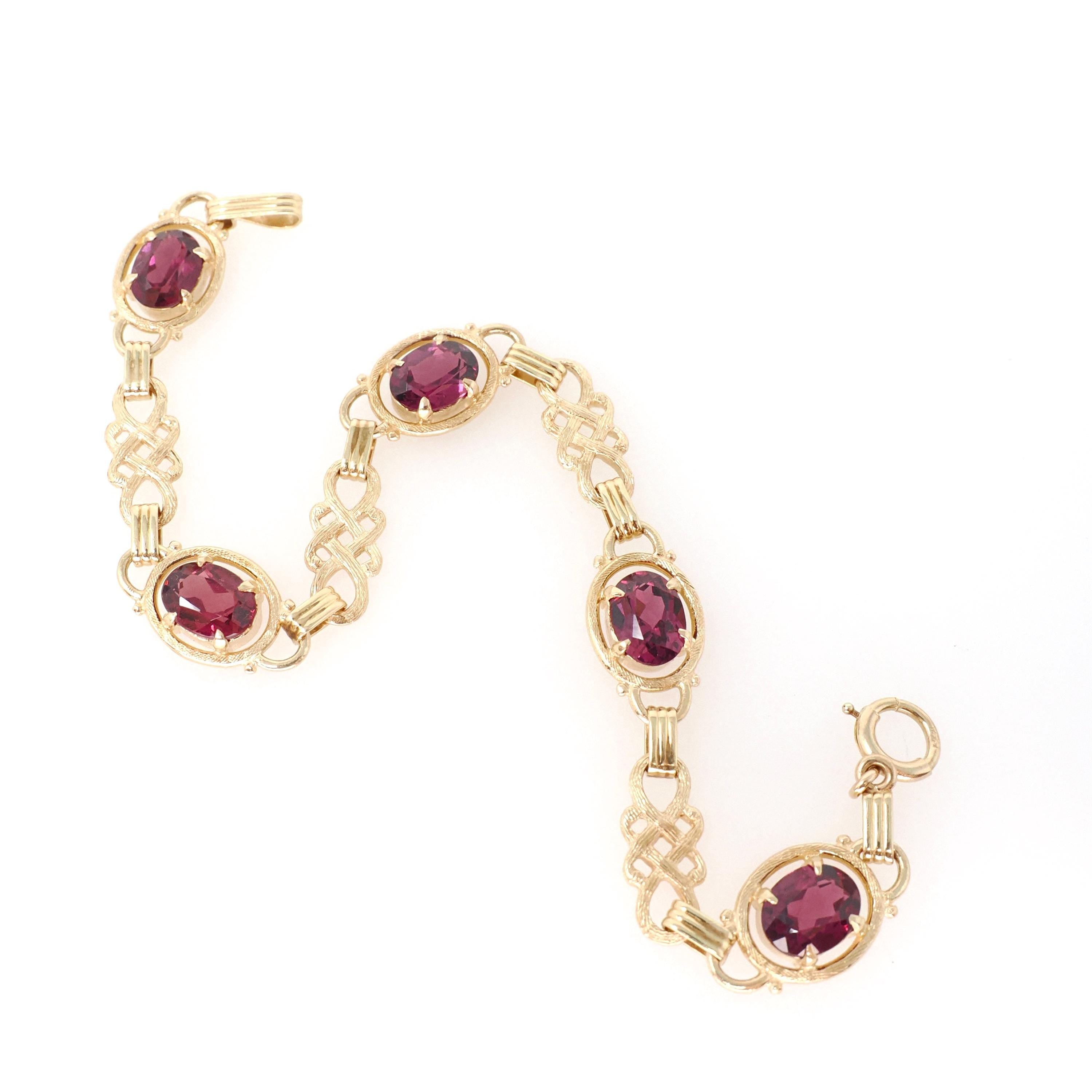 Rhodolite Garnet Bracelet - Modern Estate 14k Yellow Gold Purple Red Oval Faceted Natural Gemstones - Circa 2000s Era Love Knot Fine Jewelry