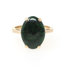 Maw Sit-Sit Ring - Estate 14k Yellow Gold Oval Dark Mottled Green Prong Solitaire - Contemporary Circa 1990s Size 6 Statement Fine Jewelry