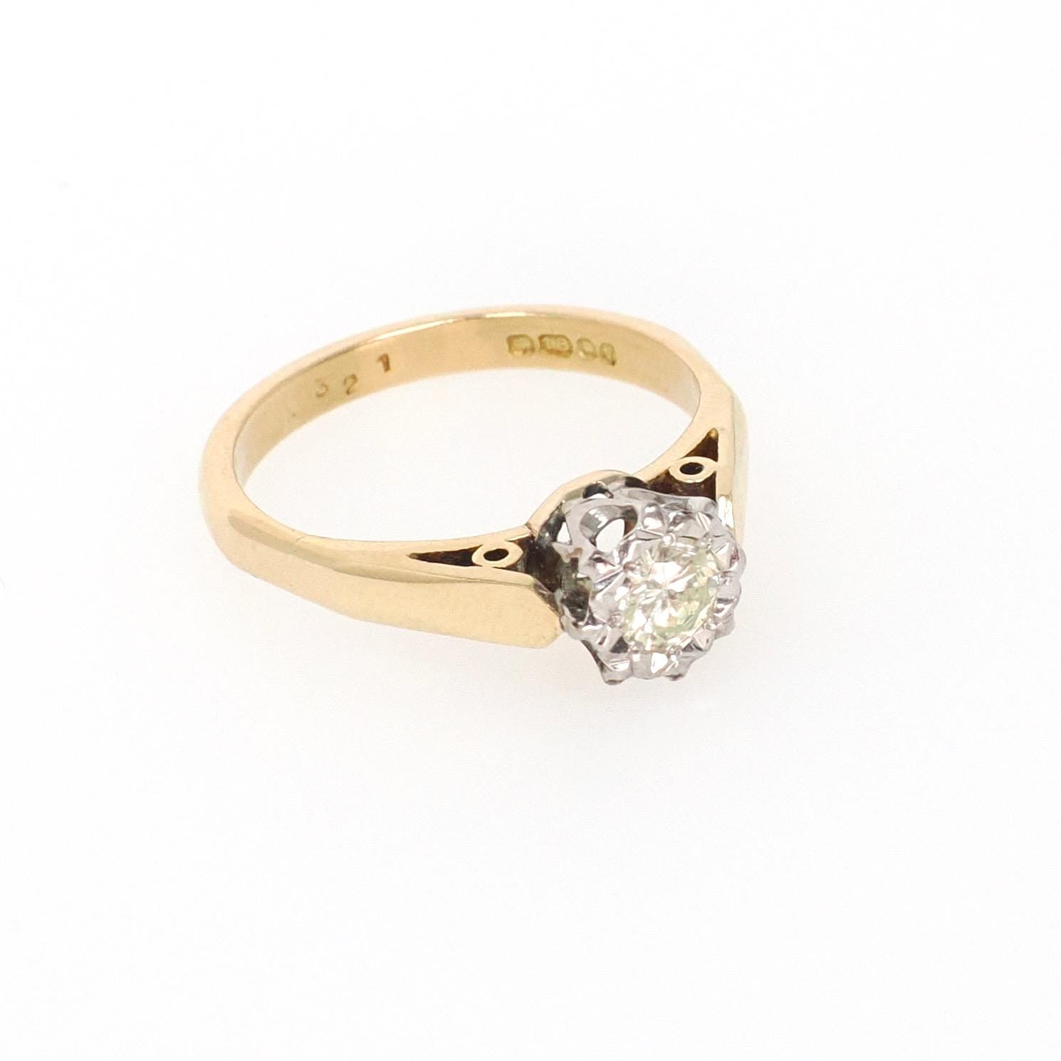 Star Incised Diamond Ring - Modernist 18k Yellow & White Gold Natural .21 CT Solitaire - Hallmarked 1966 Size 4 3/4 Fine London Jewelry