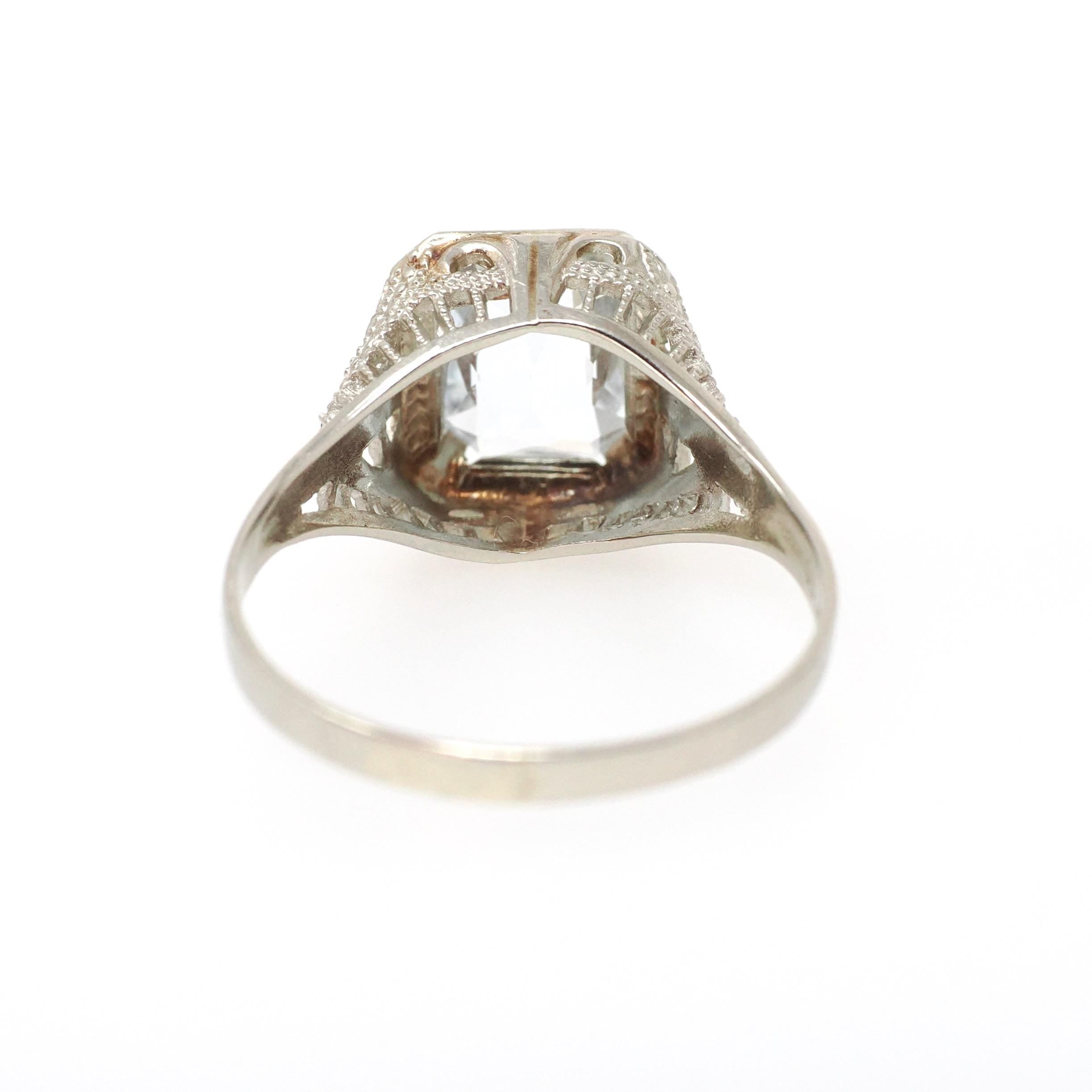 Vintage Aquamarine Ring - Art Deco 14k White Gold French Cut Natural Blue 1.20 CT Gem - Circa 1930s Era Size 6 1/4 Filigree Fine OB Jewelry