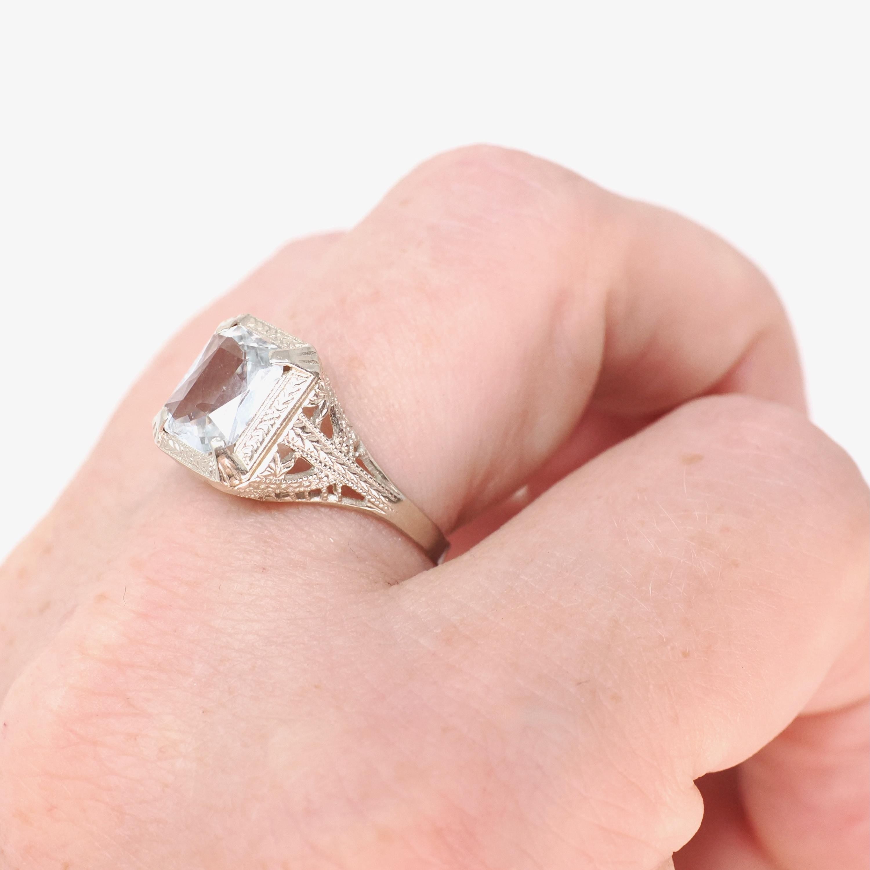 Vintage Aquamarine Ring - Art Deco 14k White Gold French Cut Natural Blue 1.20 CT Gem - Circa 1930s Era Size 6 1/4 Filigree Fine OB Jewelry