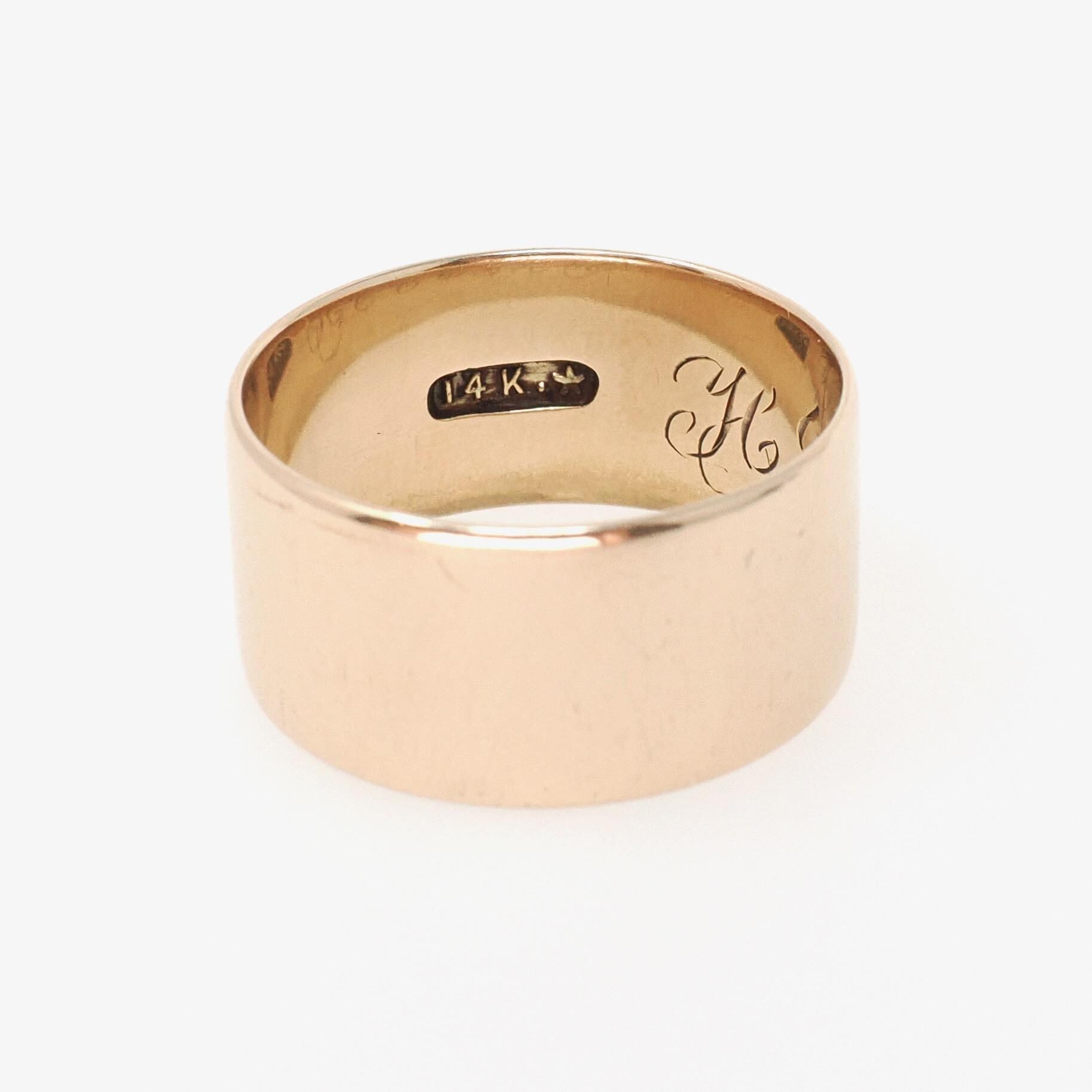 Antique Cigar Band - Edwardian 10k Rosy Yellow Gold Men's Unisex Wide 9.6 MM Wedding Thumb Ring - Vintage Early 1900s Size 7 Fine Jewelry