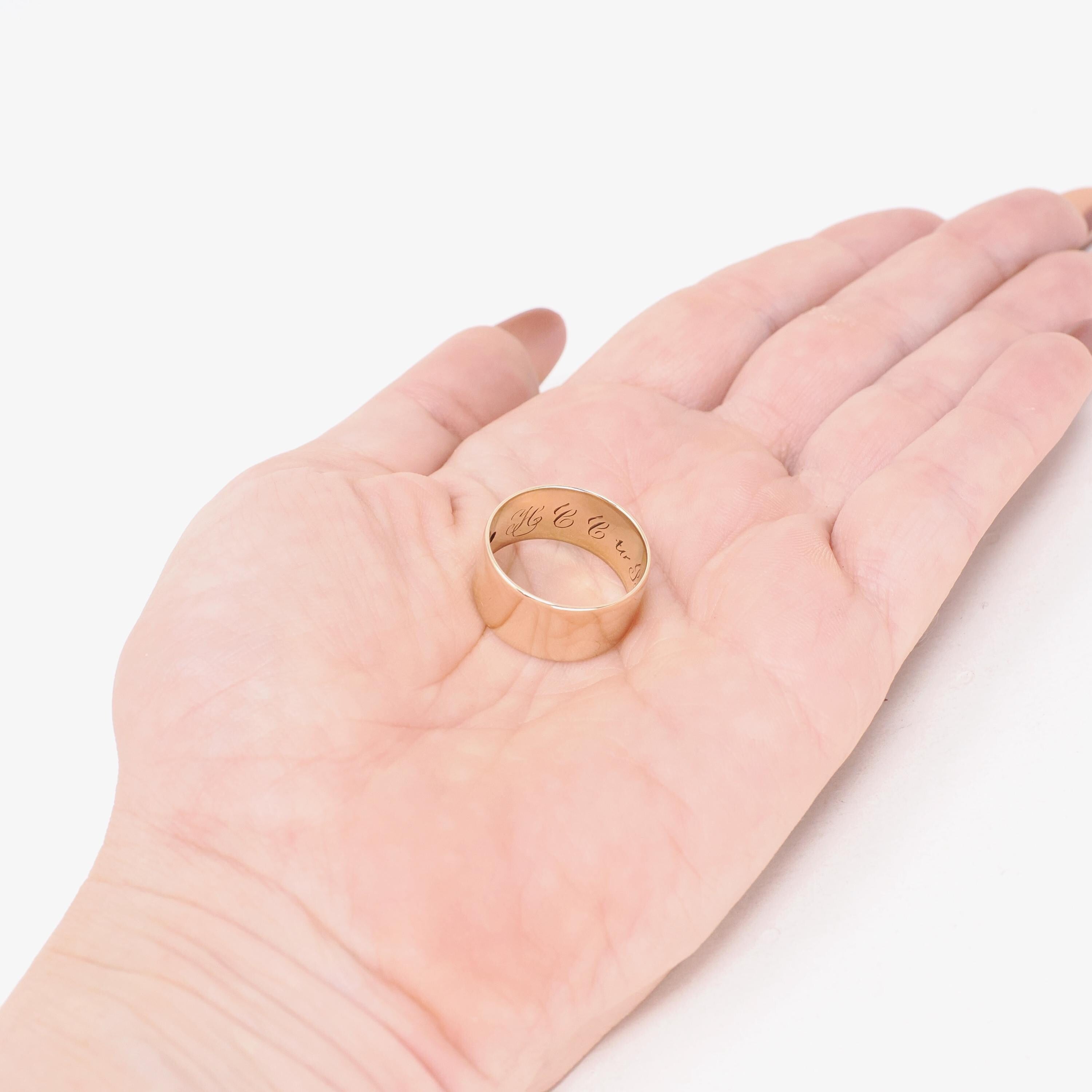 Antique Cigar Band - Edwardian 10k Rosy Yellow Gold Men's Unisex Wide 9.6 MM Wedding Thumb Ring - Vintage Early 1900s Size 7 Fine Jewelry