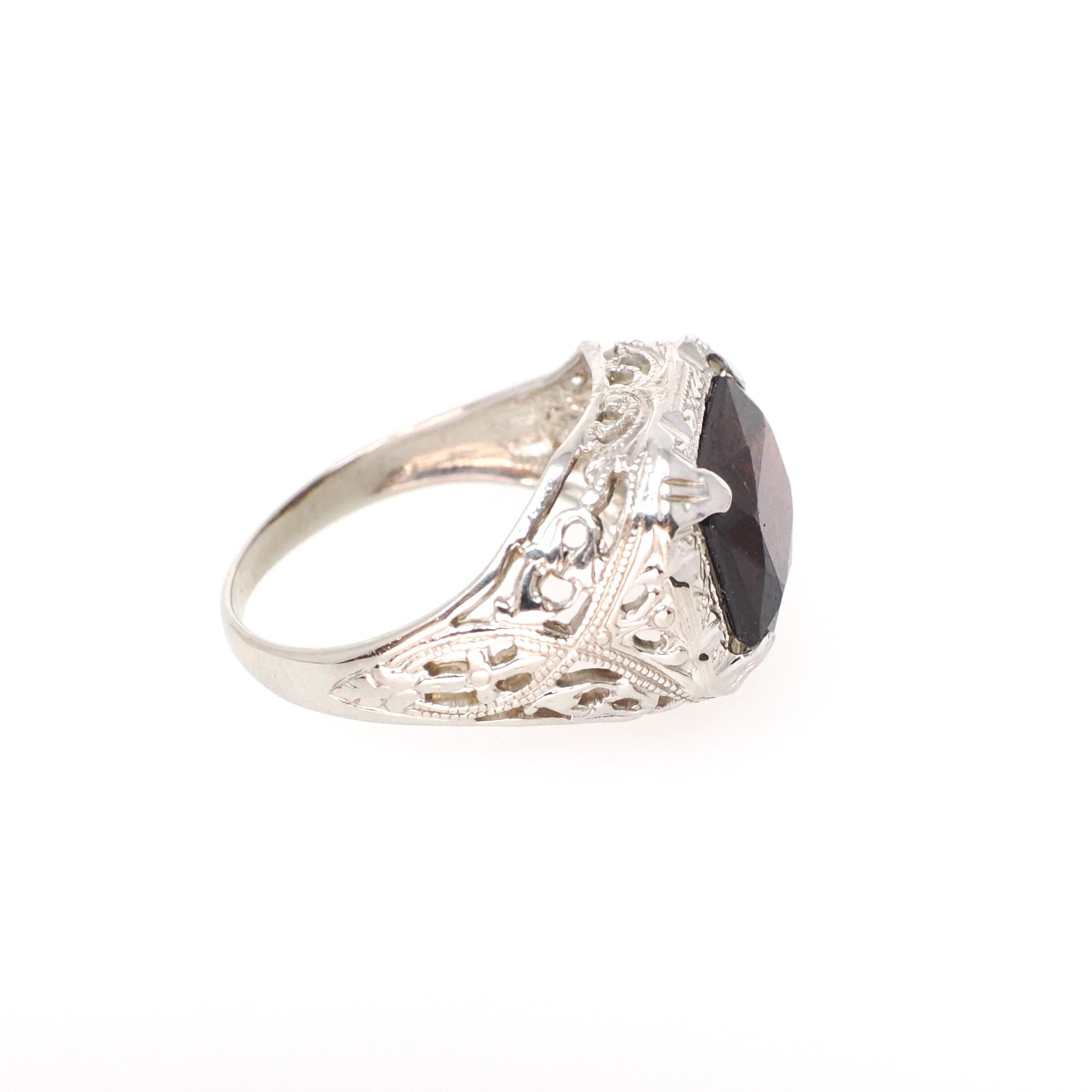 Vintage Garnet Ring - Art Deco 14k White Gold Natural Red Gemstone - Circa 1930s Era Size 4 1/2 January Birthstone Filigree Fine Jewelry