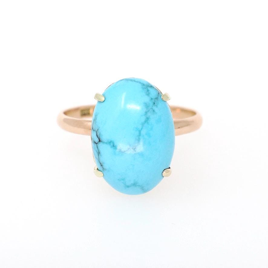 Vintage Turquoise Ring - Mid Century 14k Rosy Yellow Gold Blue Oval Cabochon Cut Gemstone Solitaire - Circa 1950s Size 6 3/4 Fine Jewelry