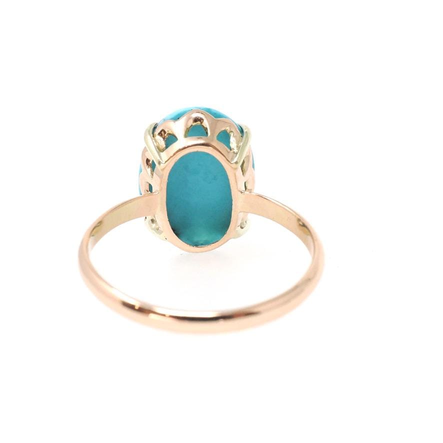 Vintage Turquoise Ring - Mid Century 14k Rosy Yellow Gold Blue Oval Cabochon Cut Gemstone Solitaire - Circa 1950s Size 6 3/4 Fine Jewelry