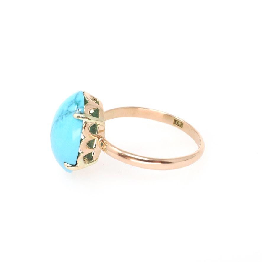Vintage Turquoise Ring - Mid Century 14k Rosy Yellow Gold Blue Oval Cabochon Cut Gemstone Solitaire - Circa 1950s Size 6 3/4 Fine Jewelry