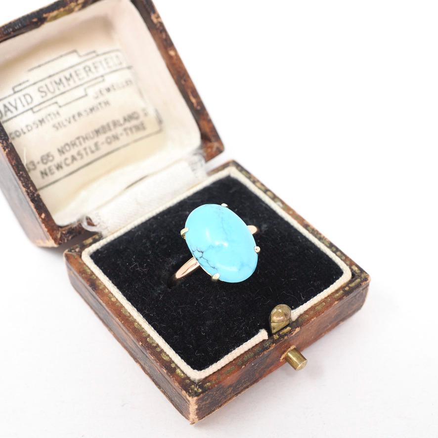 Vintage Turquoise Ring - Mid Century 14k Rosy Yellow Gold Blue Oval Cabochon Cut Gemstone Solitaire - Circa 1950s Size 6 3/4 Fine Jewelry